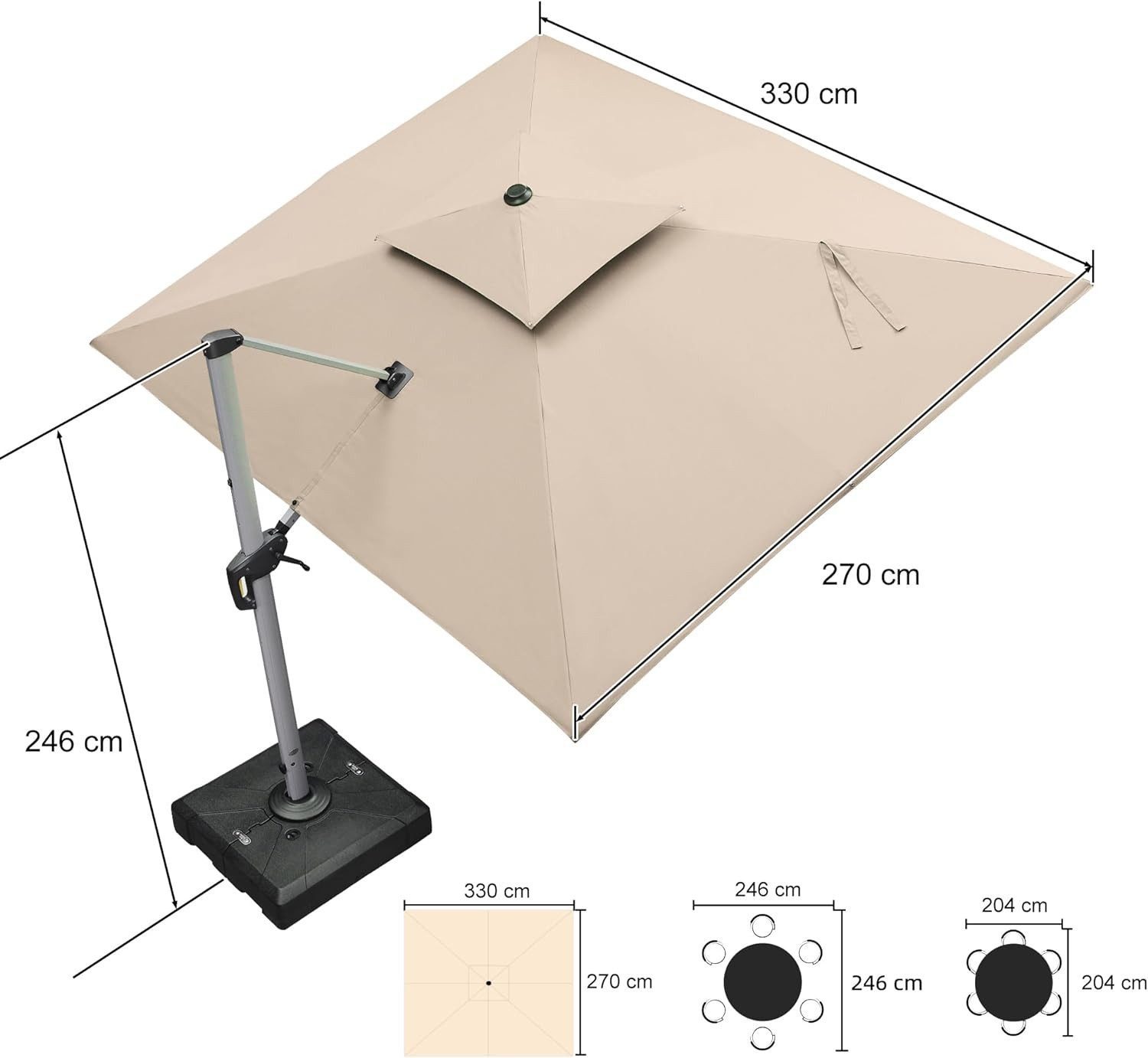 PURPLE LEAF Sonnenschirm Rechteckiger Außenbereich Ampelschirm, Gartenschirm mit Ständer, LxB: 330x270 cm, für Garten,Terrasse, Pool