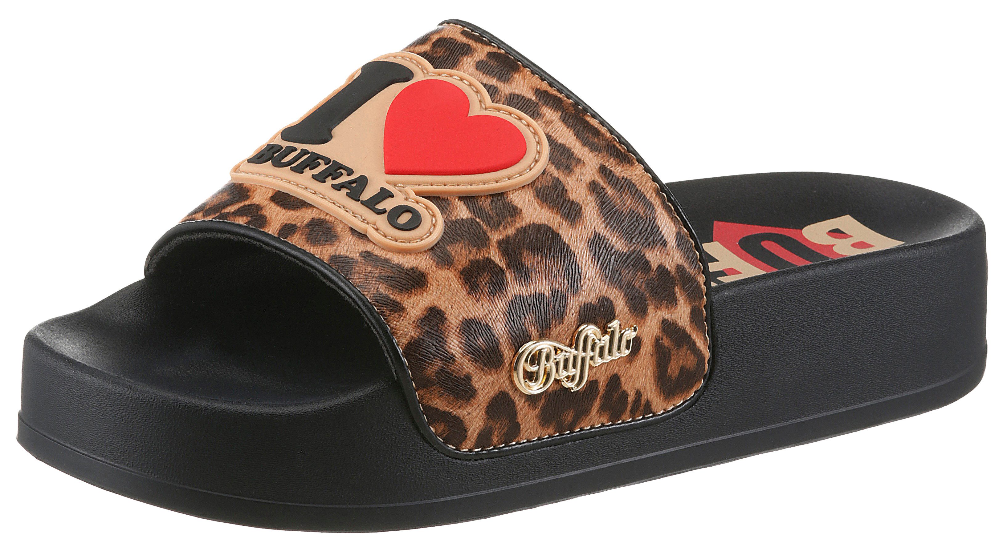 Buffalo Pantolette Sommerschuh, Strandschuh, Badeschuh in Leo-Optik, Plateausohle