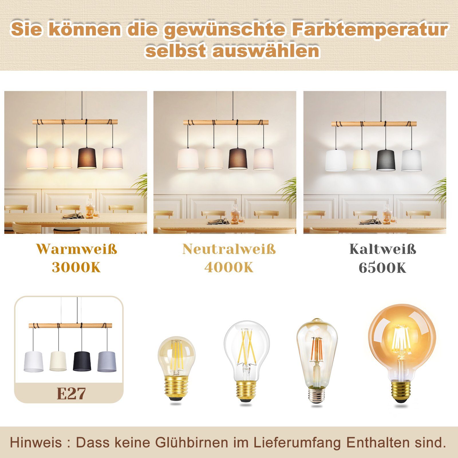 Nettlife Pendelleuchte Holz Esszimmer 4 Flammig Weiß Vintage E27 Hängeleuch günstig online kaufen