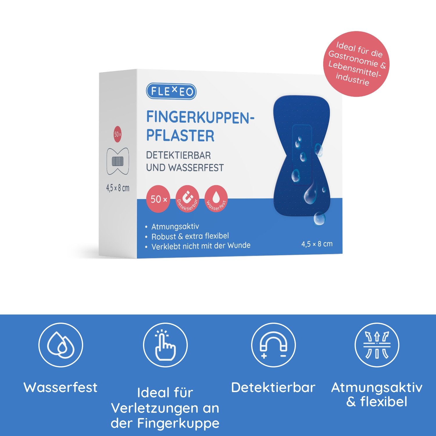 FLEXEO Wundpflaster Fingerkuppenpflaster (50 St), detektierbar wasserfest blau, 4,5x8cm
