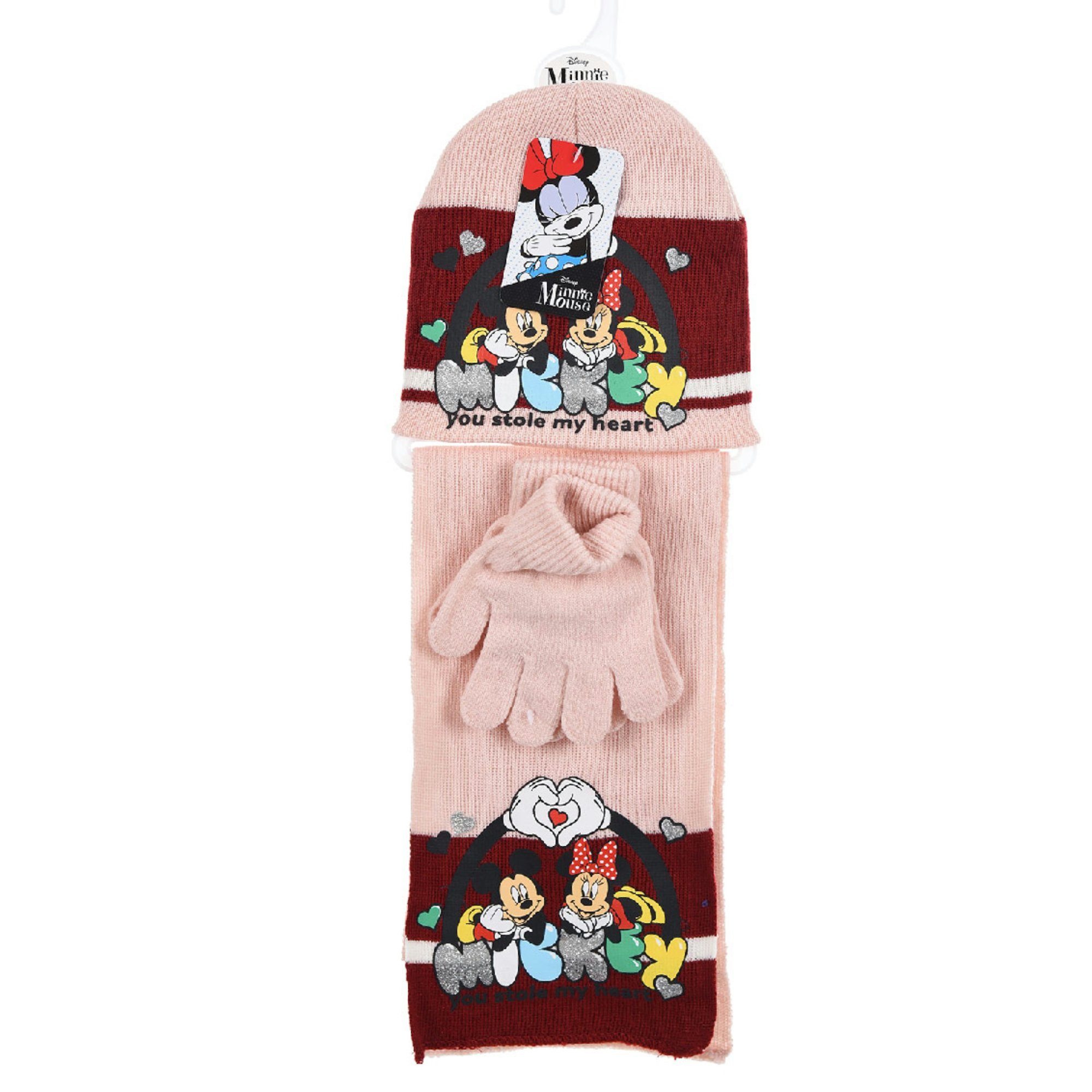 Disney Kinder Rosa Disney Handschuhe Schal Maus 54 bis (3-St) Micky Minnie Ballonmütze 52 Gr. Wintermütze 3tlg.Set