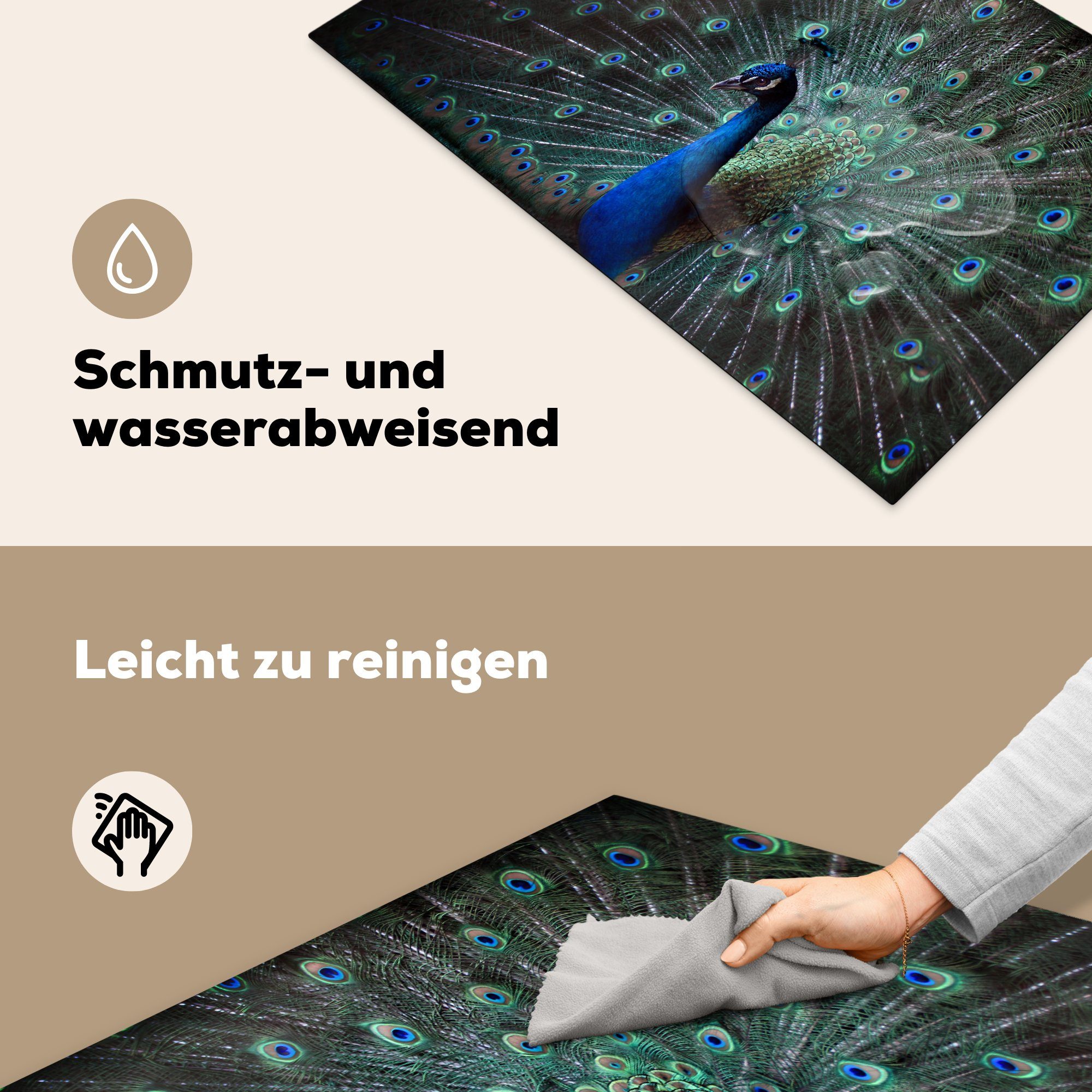 - cm, Herdblende-/Abdeckplatte die 81x52 Ceranfeldabdeckung Federn Pfau küche, Vinyl, - für Schutz tlg), (1 Farben, Induktionskochfeld MuchoWow