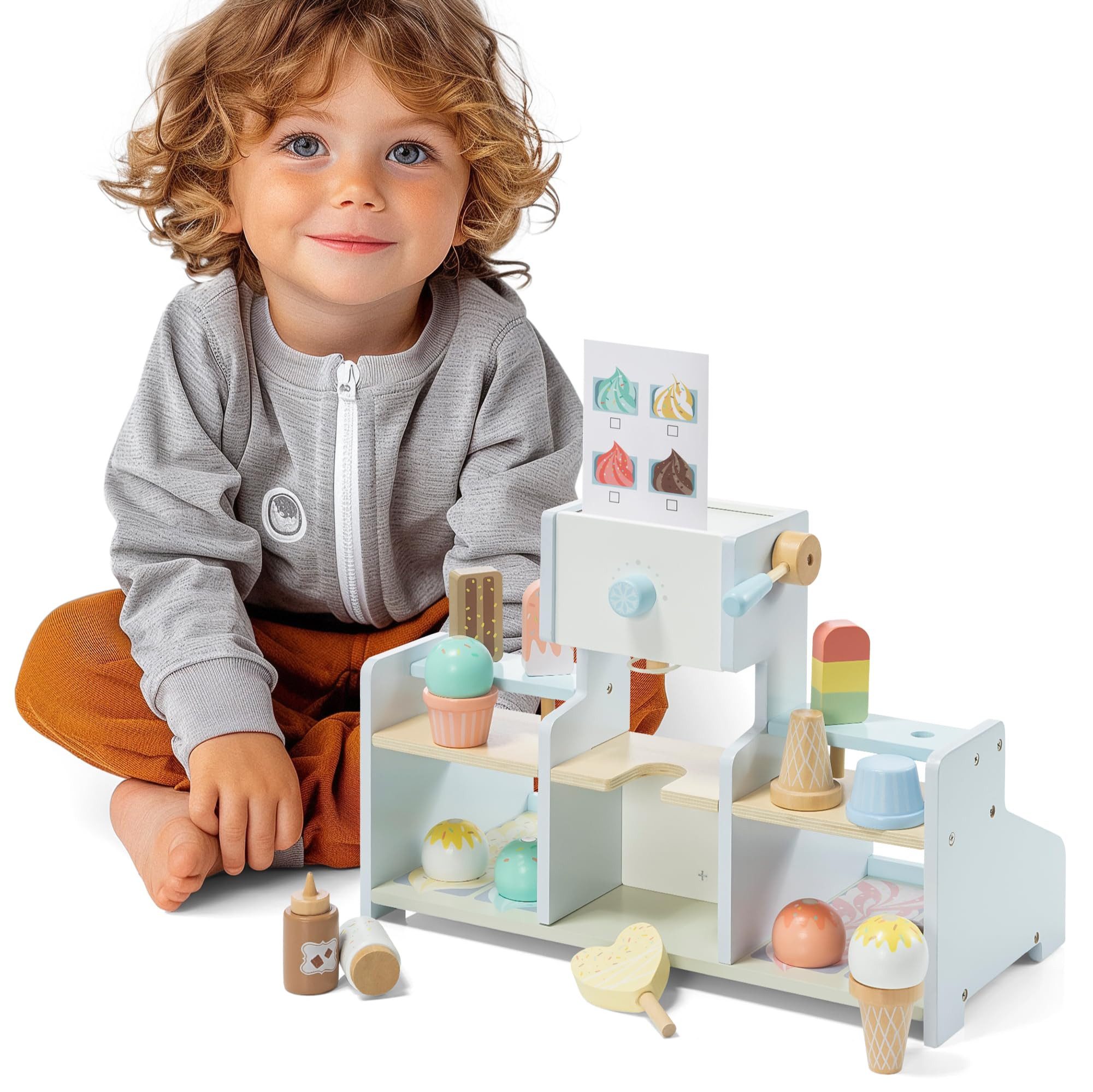 Navaris Kaufladen Navaris Spielzeug Eisdiele aus Holz, Kaufladen für Kinder