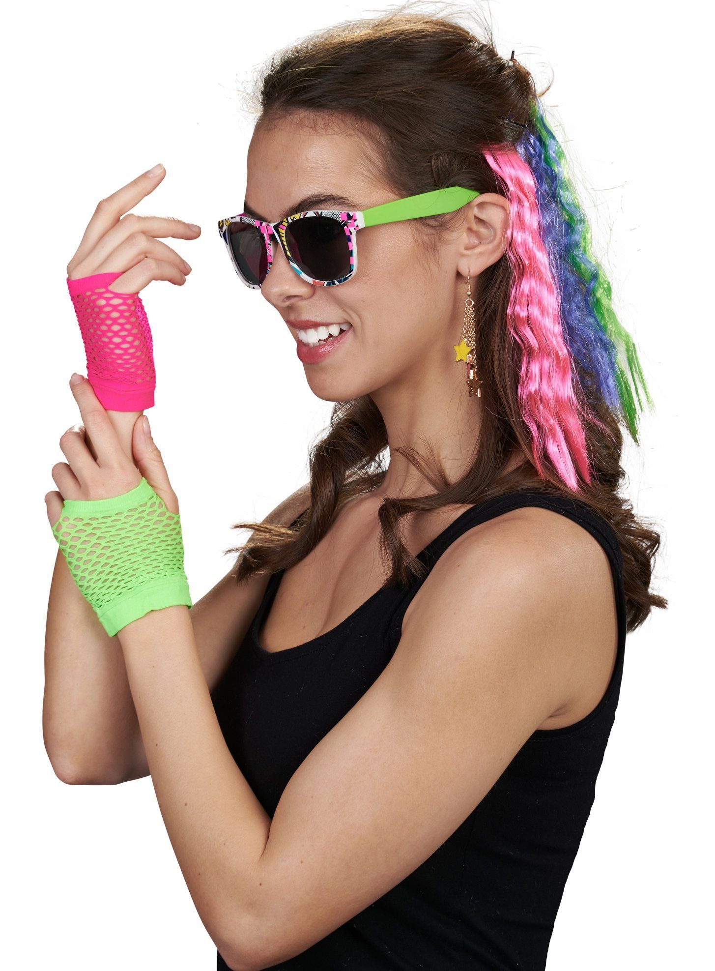 Metamorph Kostüm 80er Accessoire-Set, Neonbuntes Set mit Schweißbändern, Brille und Extensions