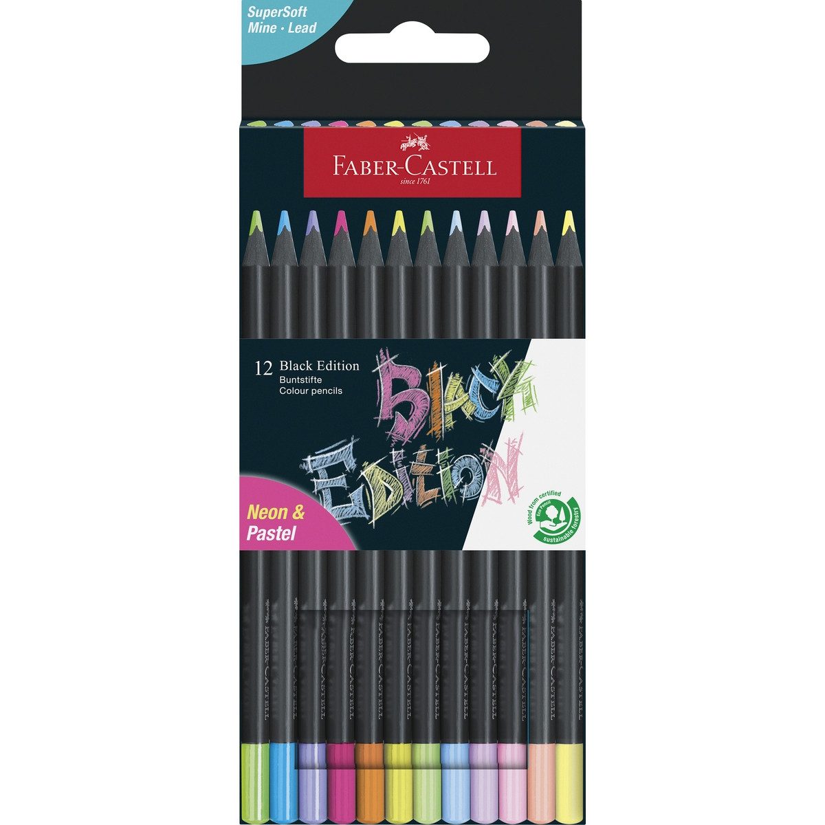 Faber-Castell Buntstift FABER-CASTELL Buntstifte Black Edition neon + pastell 12 Stück Kartone