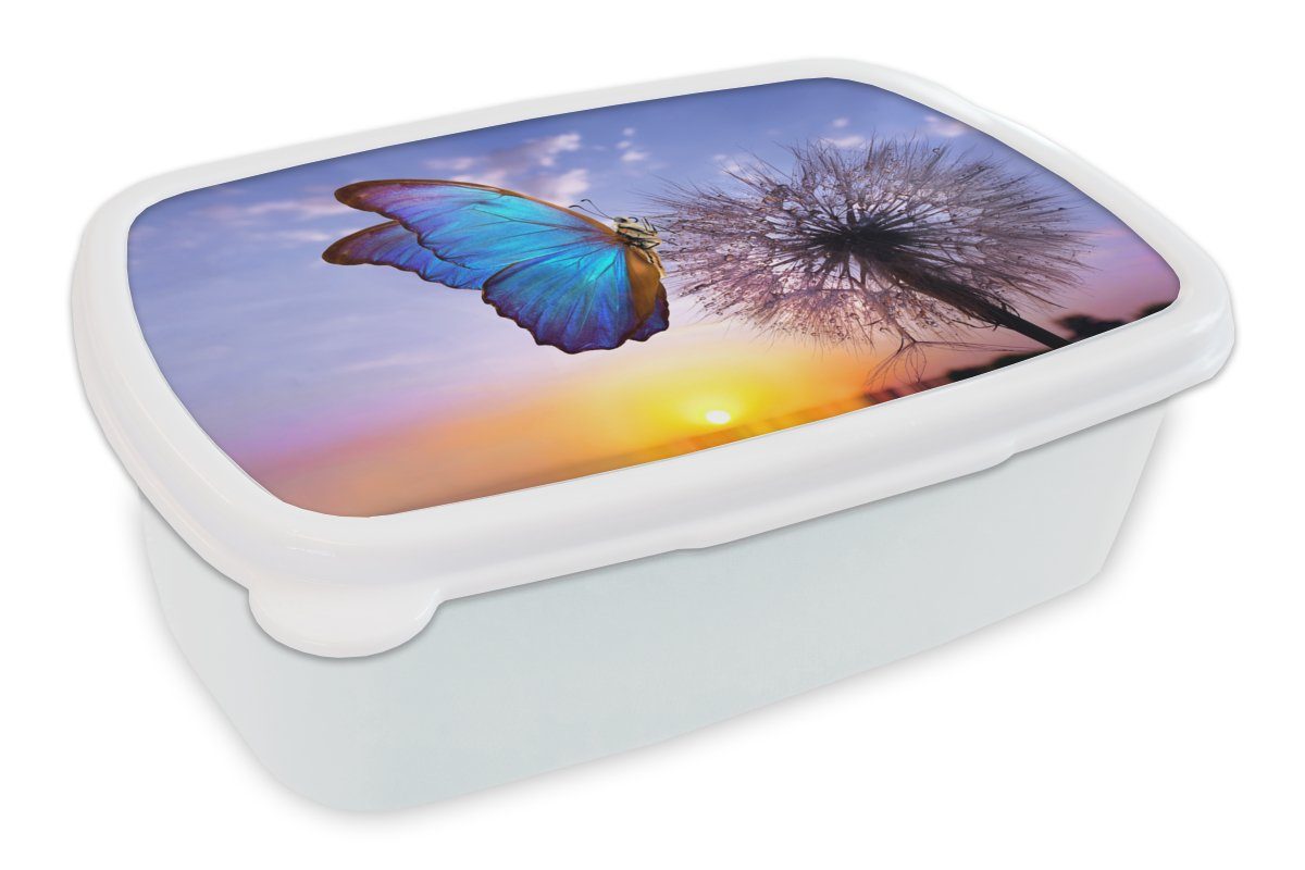 Kinder weiß - Blau, Sonnenuntergang Kunststoff, Erwachsene, - für und Schmetterling Löwenzahn Jungs Brotdose, Mädchen - und MuchoWow Lunchbox für (2-tlg), Brotbox