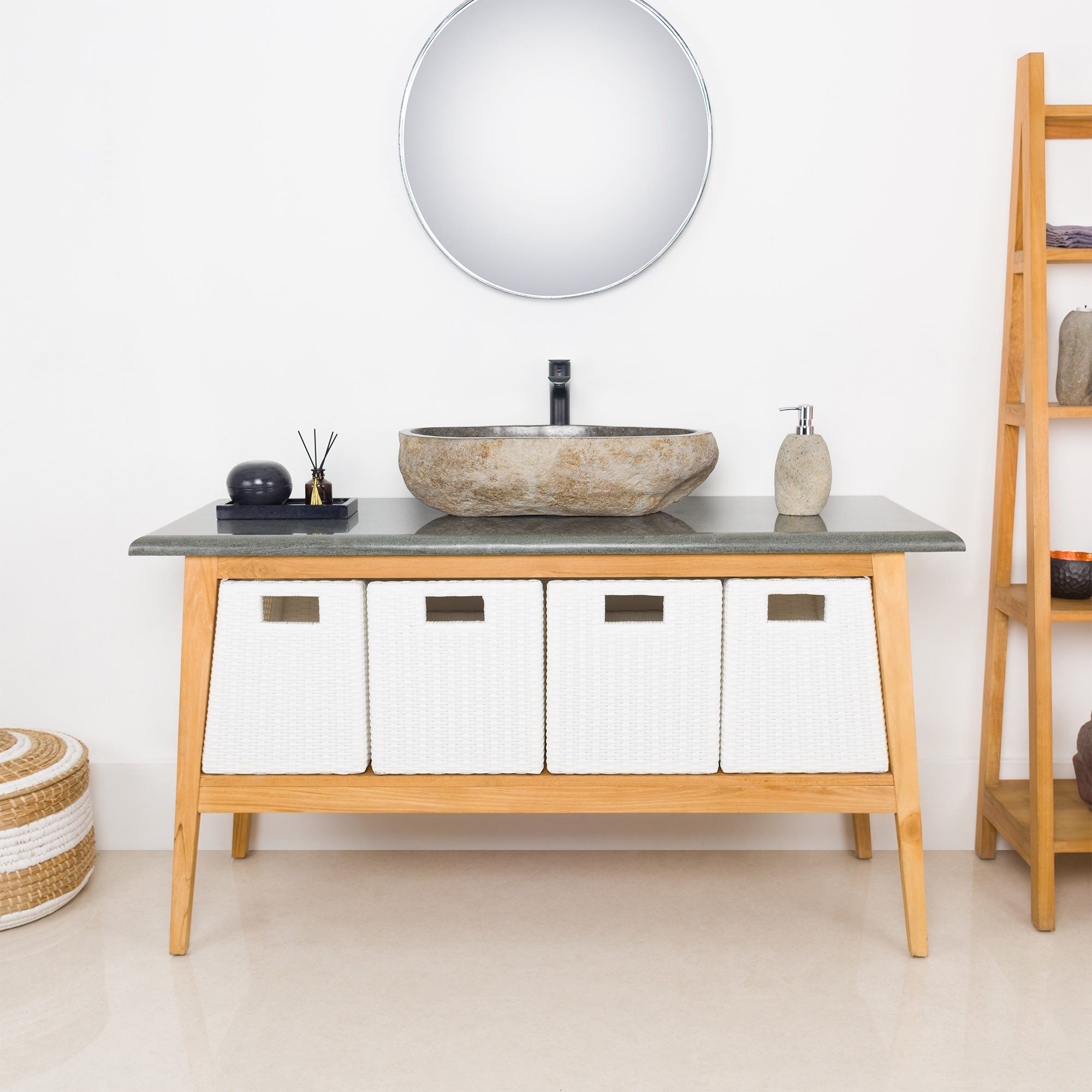 wohnfreuden Waschbeckenunterschrank Teakholz Waschtisch TITIN 140 cm mit Naturstein Platte