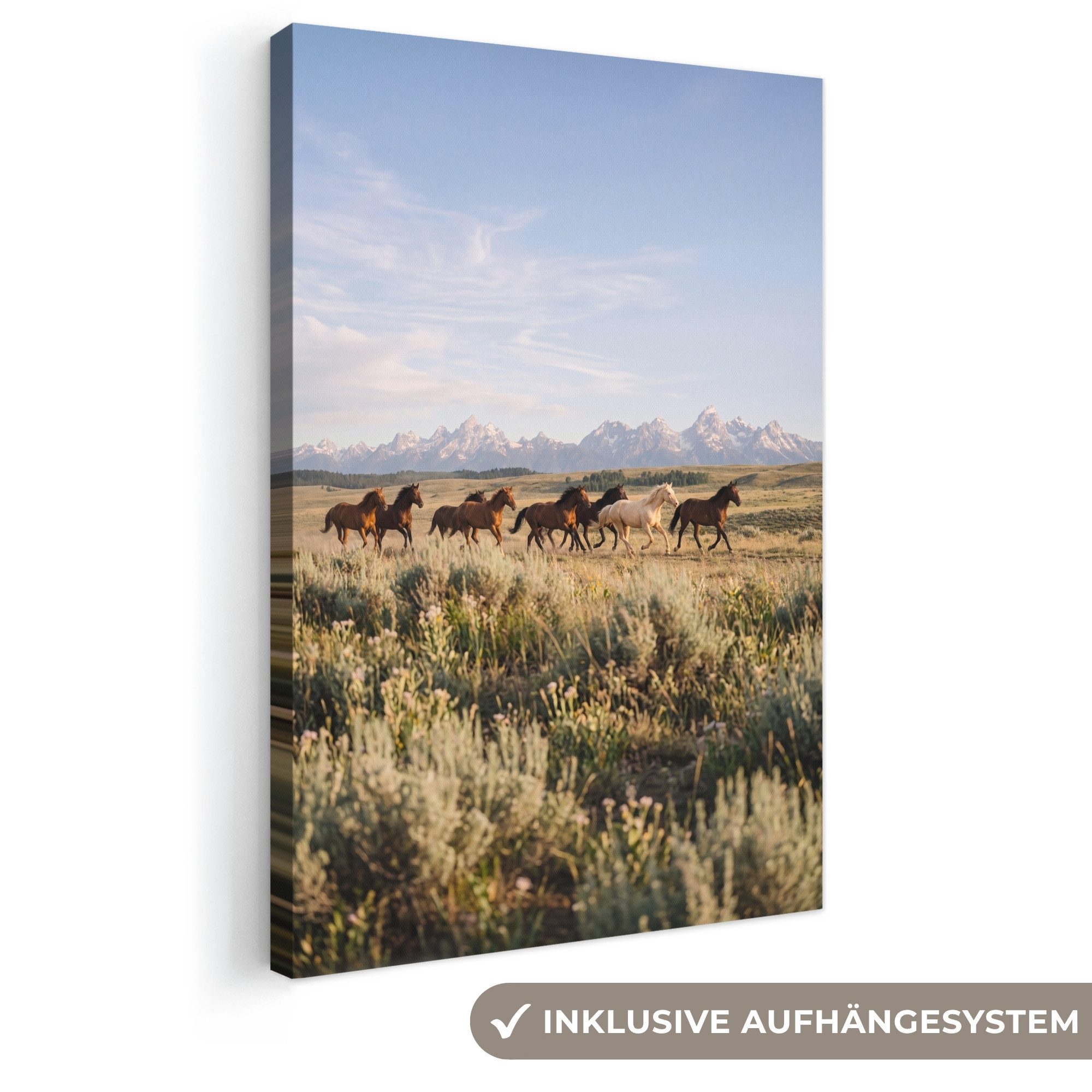 OneMillionCanvasses® Leinwandbild Pferde - Herde - Berge - Freiheit - Wildnis, Fotodruck (1 St), Leinwand Canvas Wandbild, Wanddekoration 20x30 cm