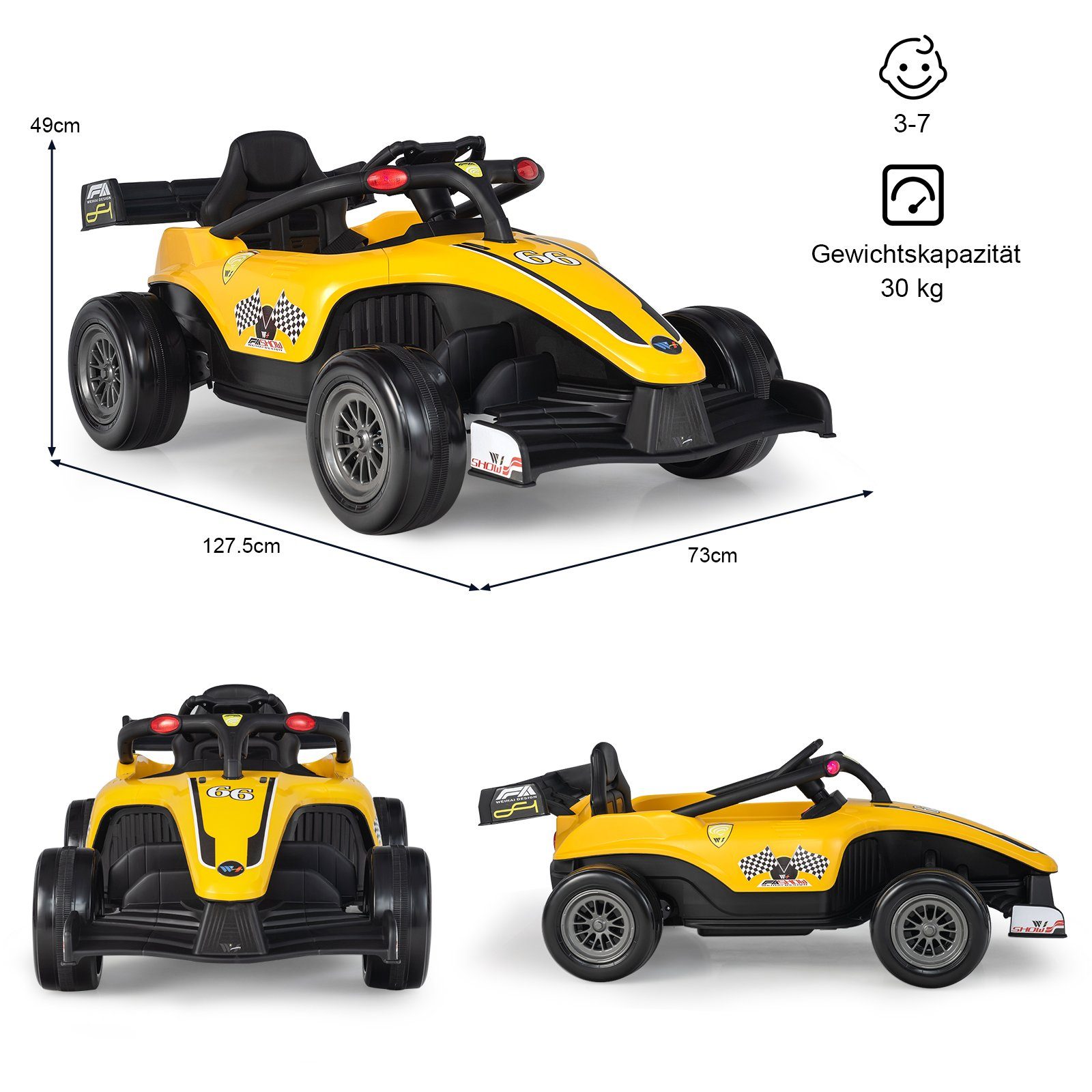 COSTWAY Elektro-Kinderauto Rennauto, gelb Sanftanlaufsystem, mit Musik, 2-5 km/h Licht