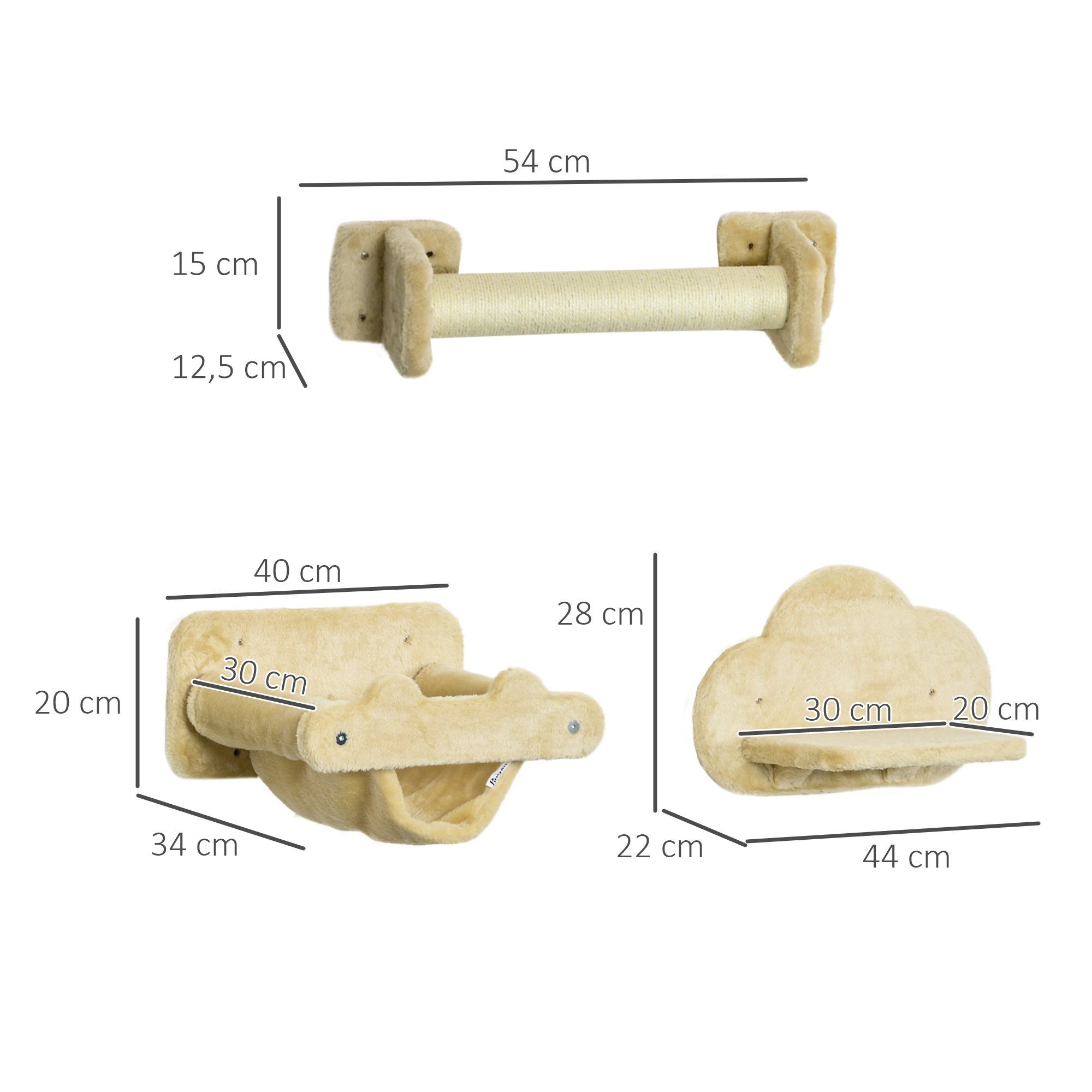 PawHut Katzen-Kletterwand für Wandmontage, Katzenstufen, Kratzbaum, Beige, 5-teiliges Katzentreppe mit 2 Kratzstämmen