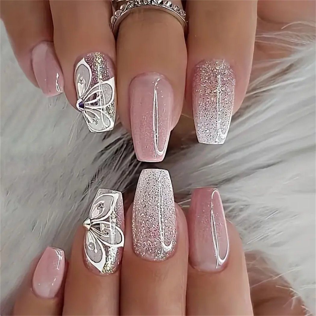 Zaxhilarious Kunstfingernägel Glitzernde rosa weiße spitze quadratische  künstliche Nägel