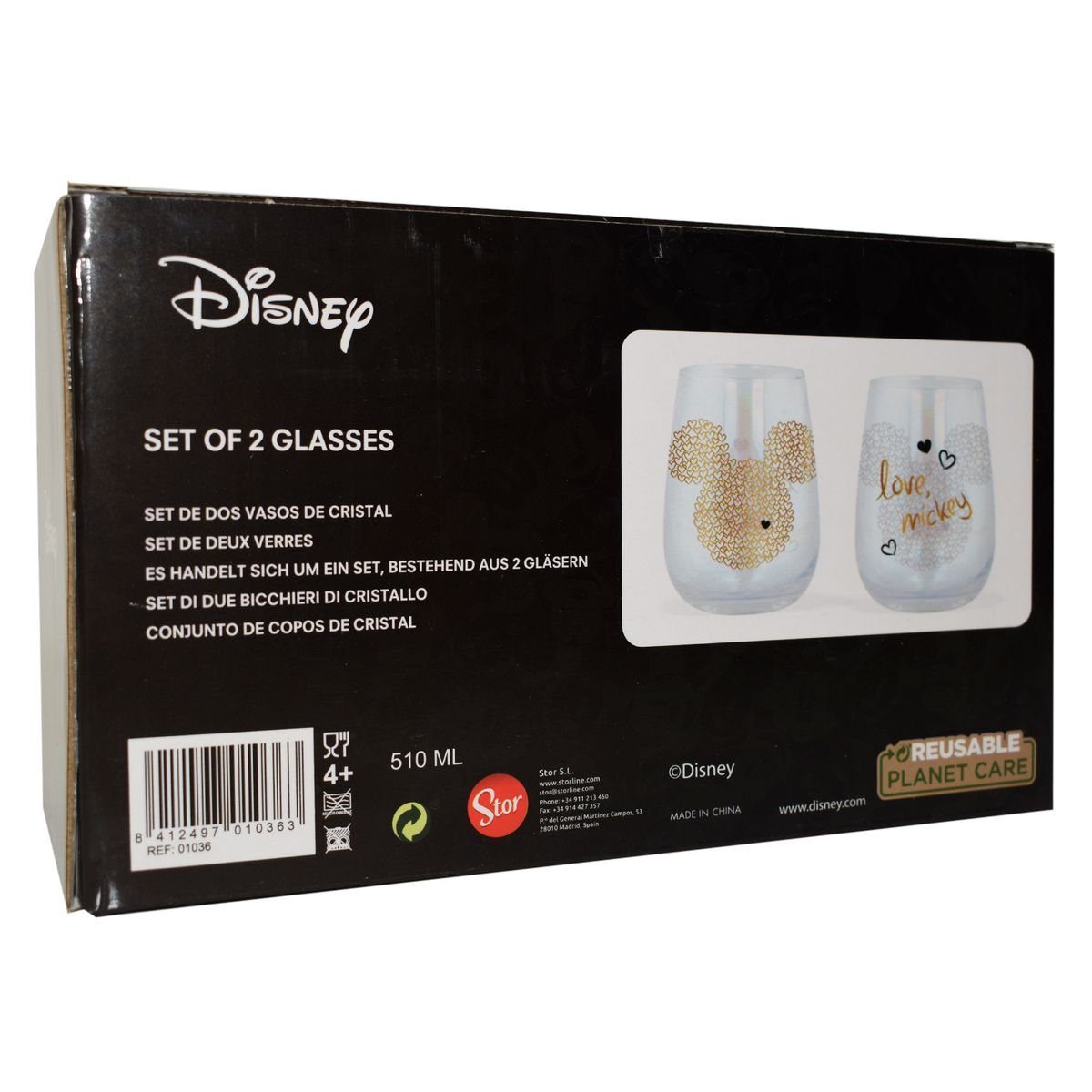 Stor Glas Gläser, authentisches Geschenkkarton Mickey Glas, Trinkgläser Metallic Design 2 Set Disney Mouse