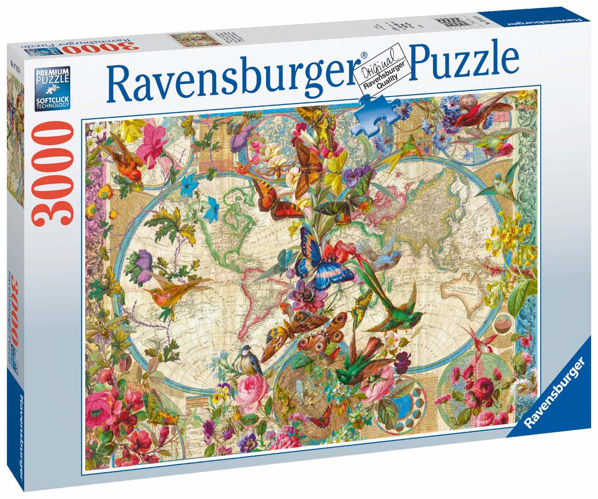 Ravensburger Puzzle Weltkarte mit Schmetterlingen, 3000 Puzzleteile, Made in Germany