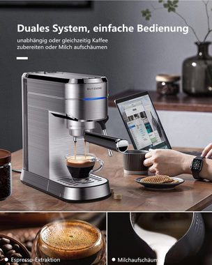 MAEREX Espressomaschine, 1.25l Kaffeekanne, Kaffeemaschine Milchaufschäumer Edelstahl 15 Bar