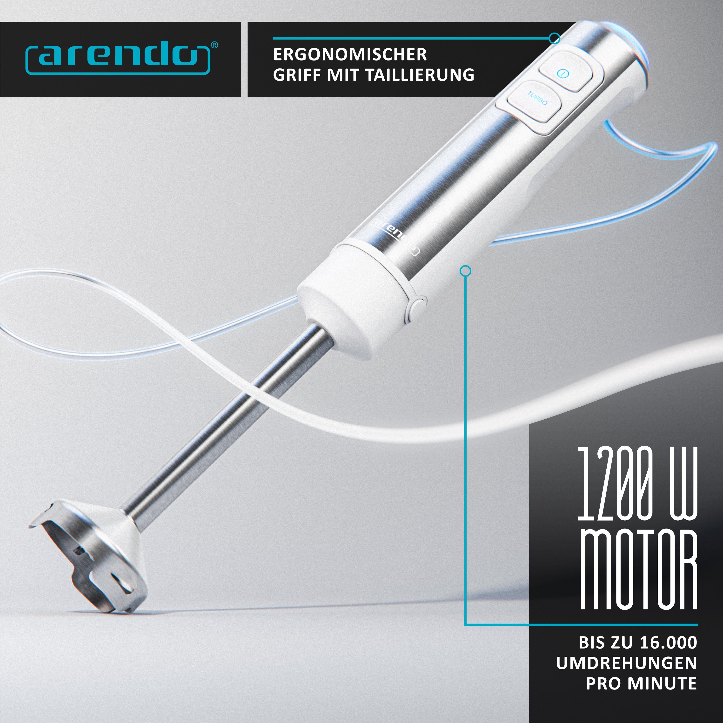 Arendo Stabmixer Edelstahl Pürierstab Set mit Zerkleinerer & Messbecher, Handmixer, 1200 W, mit Schneebesen, 2 Geschwindigkeitsstufen, 4-Klingen, DC Motor – Bild 5 von 5