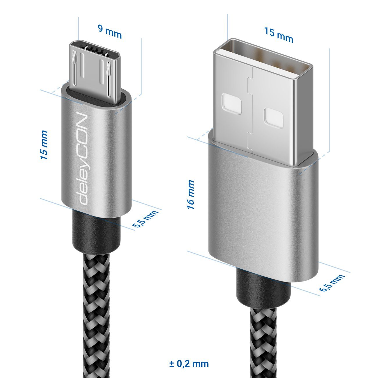 deleyCON deleyCON 2m Nylon Micro USB Kabel Ladekabel Datenkabel Metallstecker USB-Kabel