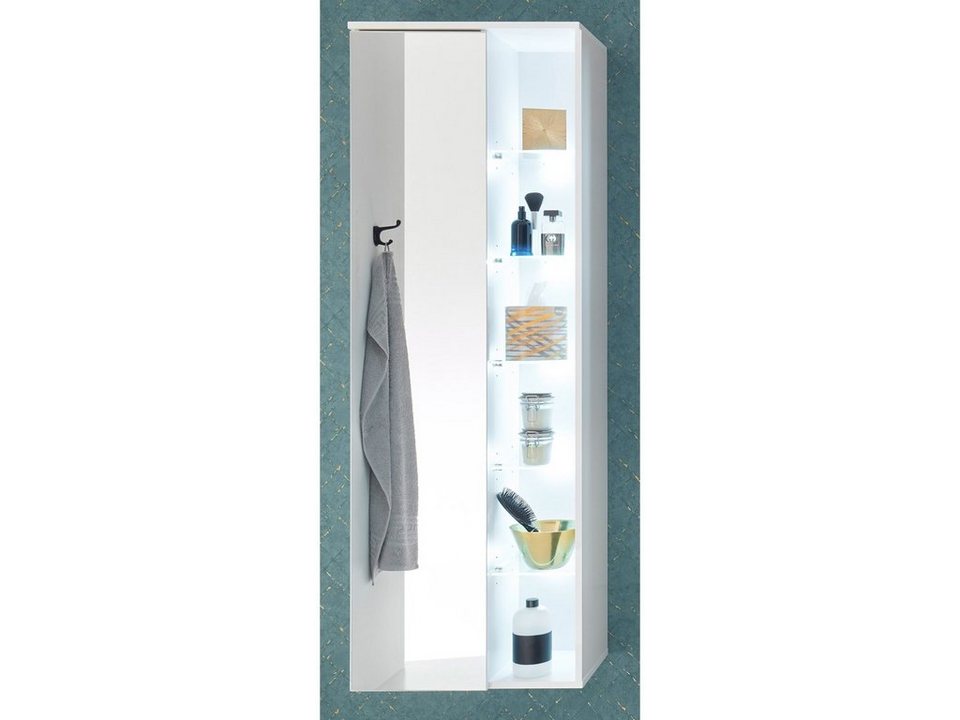 möbelando Hochschrank Bella Hochschrank aus Spanplatte in Weiß mit 1  Spiegeltür, 1 offenes Fach, 5 Einlegeböden, 5 Glasböden, inkl.  LED-Beleuchtung. Breite 55 cm, Höhe 160 cm, Tiefe 30 cm