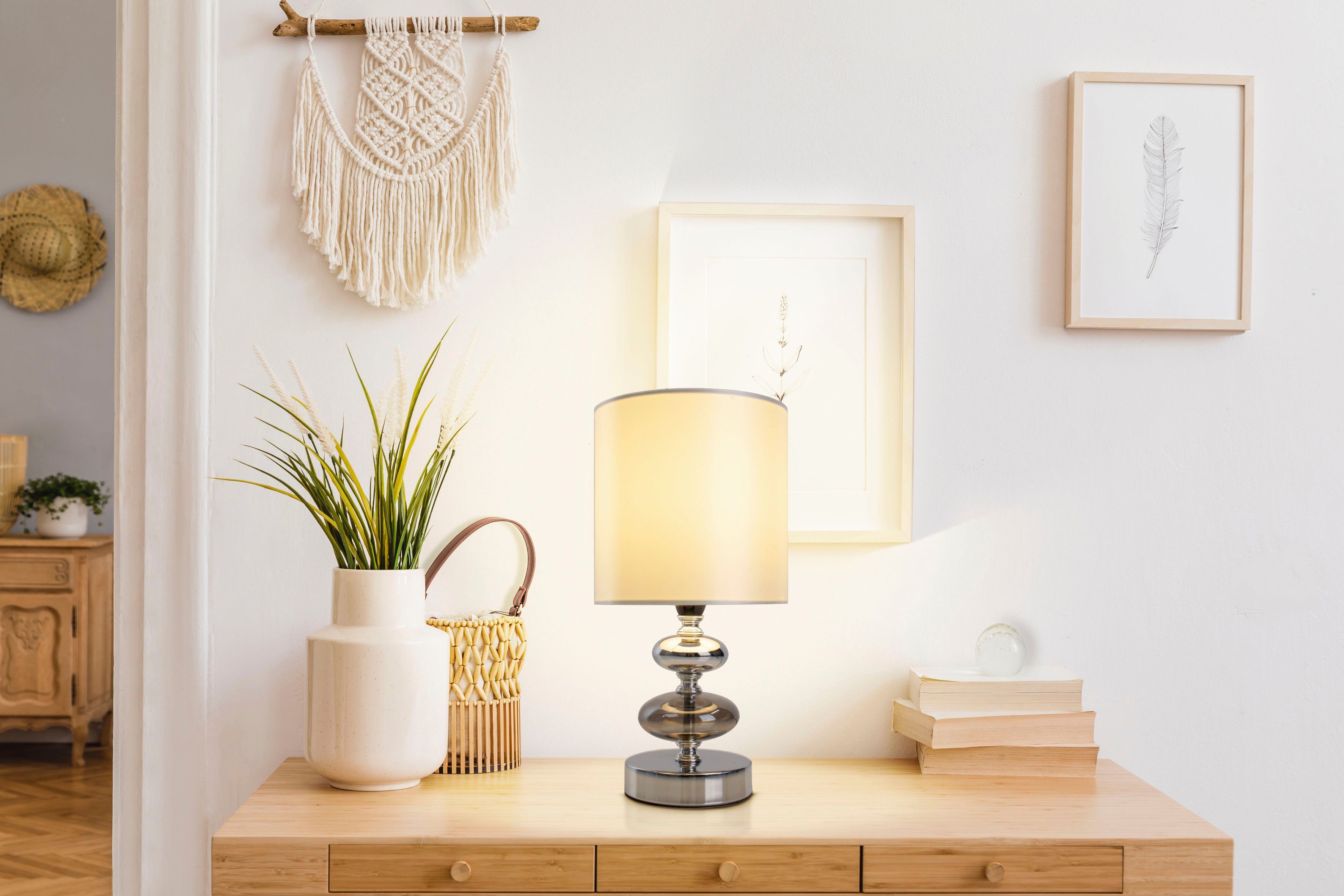 näve Tischleuchte Mali, ohne Leuchtmittel, E14 max. 40W, Material: Metall/Glas/Textil, Farbe: weiß/chrom, IP20