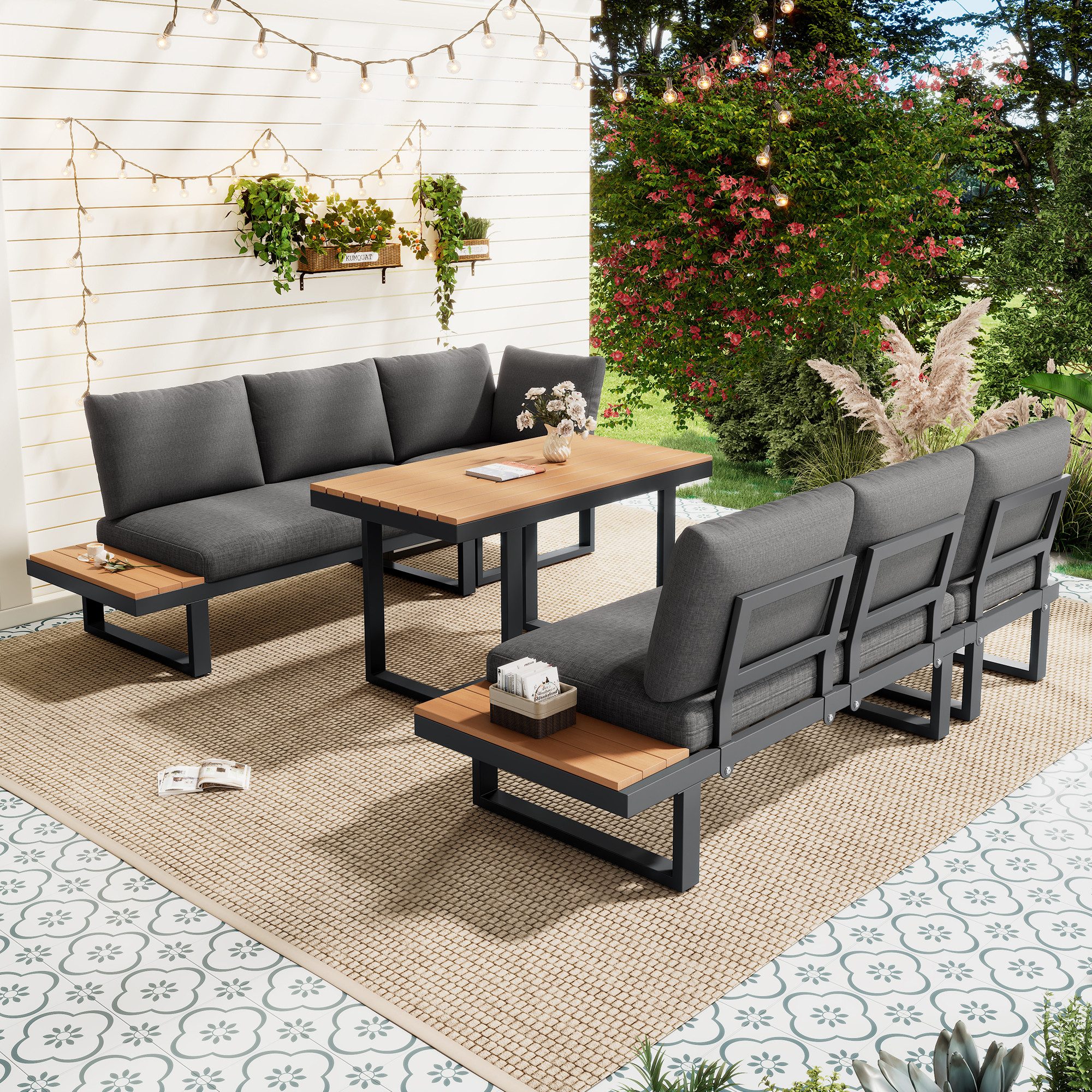 MODFU Gartenlounge-Set 4-tlg. 105x70 cm aus Stahl, verstellbar, grau/schwarz, (Set, 2-tlg., mit 1 Esstisch, Kunststoffholz & Stahlrohr), als Eckstellung, grau + schwarz