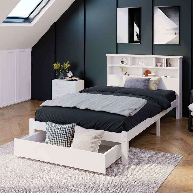 Ulife Massivholzbett Weiß Doppelbett /Einzelbett mit Schubladen und Bücherregal Kopfteil, 140 × 200cm