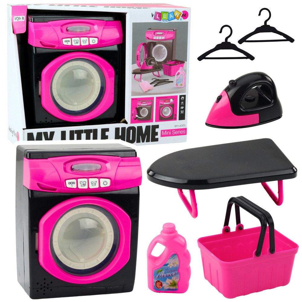LEAN TOYS Kinder-Waschmaschine Spielwaschmaschine Haushaltsgeräteset Rollenspielzeug, (Spar-Set, 1-tlg., 14 x 18 x 8 cm interaktiv), Licht- & Soundeffekte, 3 Programme, drehende Trommel