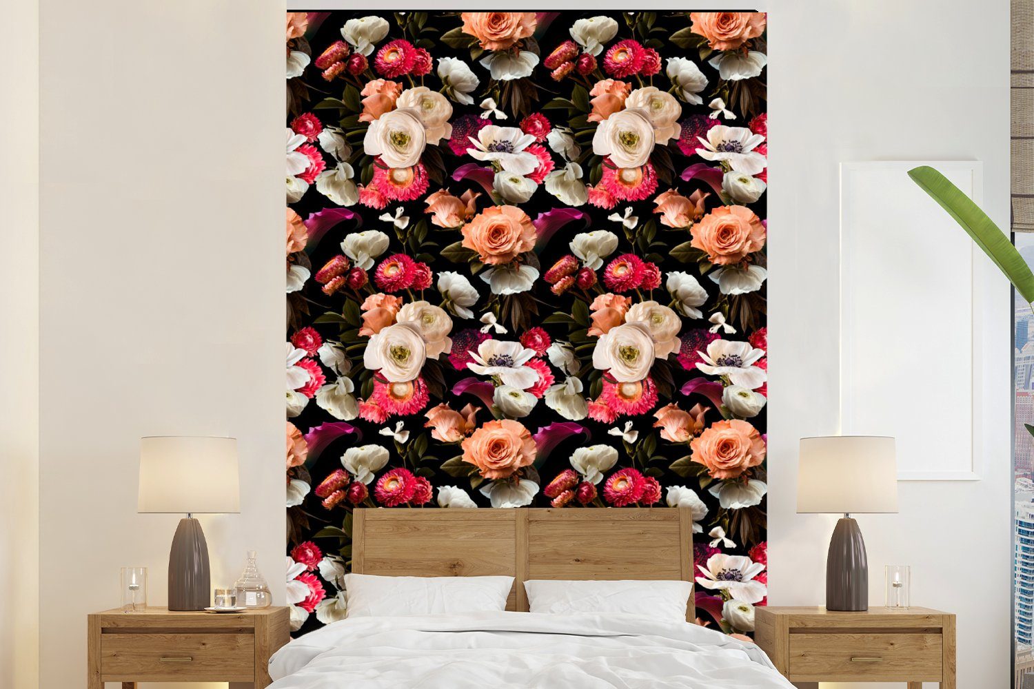 MuchoWow Fototapete Blumen - Muster - Pastell, Matt, bedruckt, (3 St), Montagefertig Vinyl Tapete für Wohnzimmer, Wandtapete
