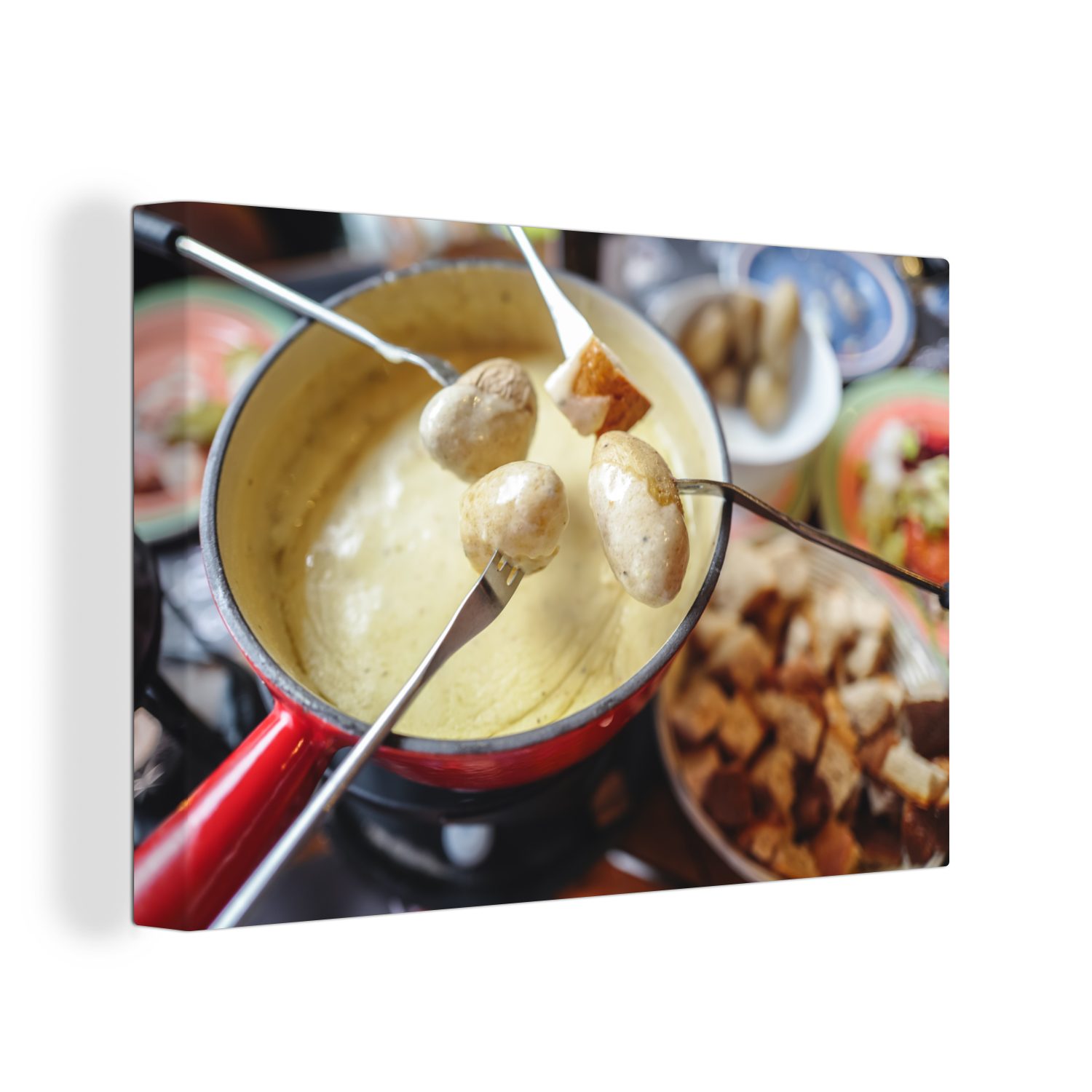 OneMillionCanvasses® Leinwandbild Käsefondue mit Schweizer Käse für eine Familie, (1 St), Wandbild Leinwandbilder, Aufhängefertig, Wanddeko, 30x20 cm