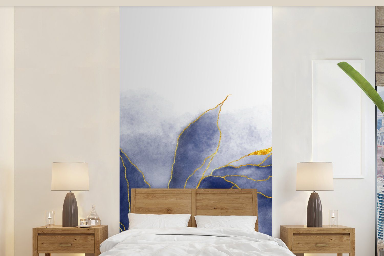 MuchoWow Fototapete Marmor - Blau - Marmoroptik - Gold - Textur, Matt, bedruckt, (2 St), Vliestapete für Wohnzimmer Schlafzimmer Küche, Fototapete