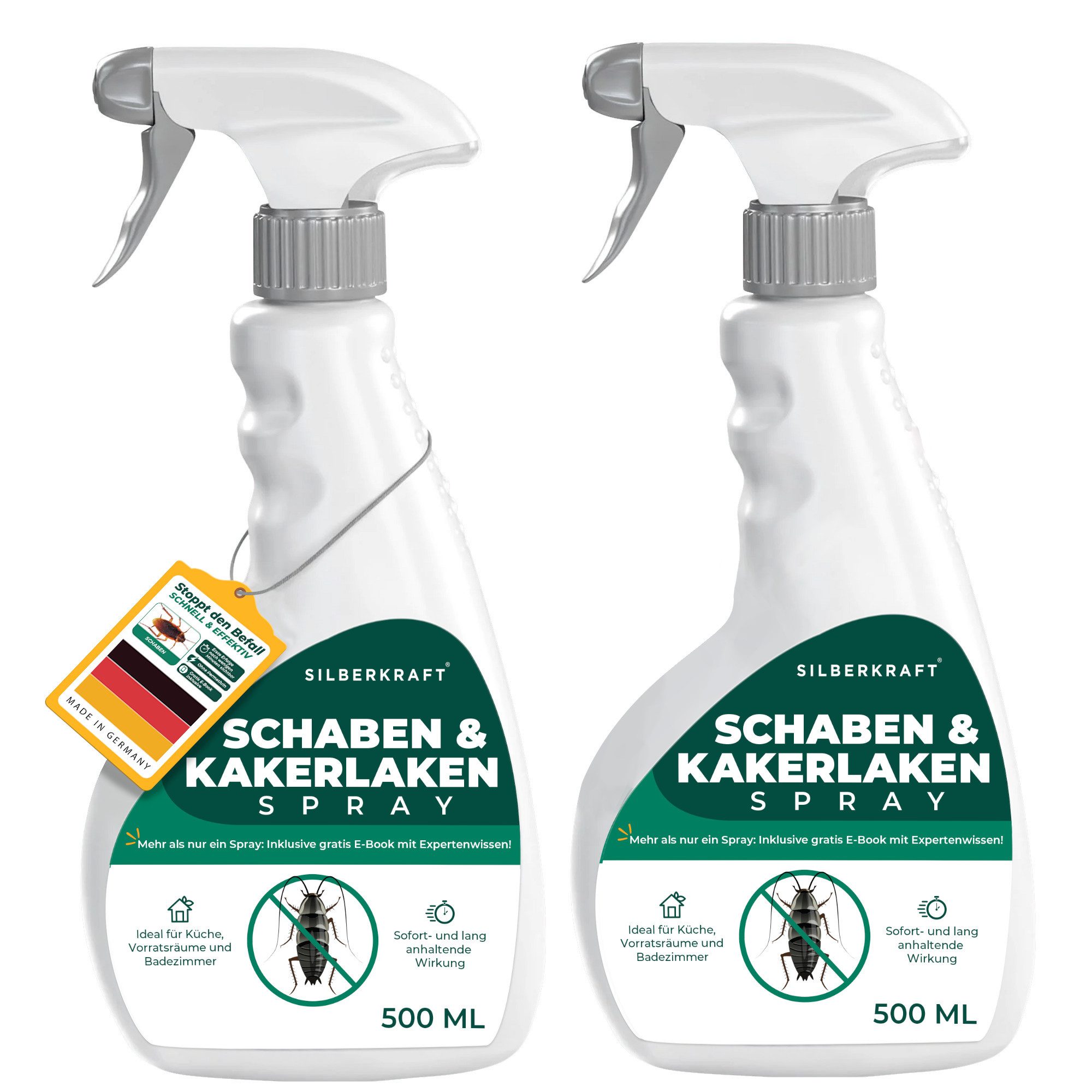 Silberkraft Insektenspray Schabenspray 500ml inkl. E-Book per QR-Code, Effektive Abwehr für ein schabenfreies Zuhause, 2-St., Schabenmittel & Kakerlakenspray gegen Schaben & Kakerlaken im Haus, Anti Schaben Spray mit Langzeitwirkung für Küche & Bad + E-Book
