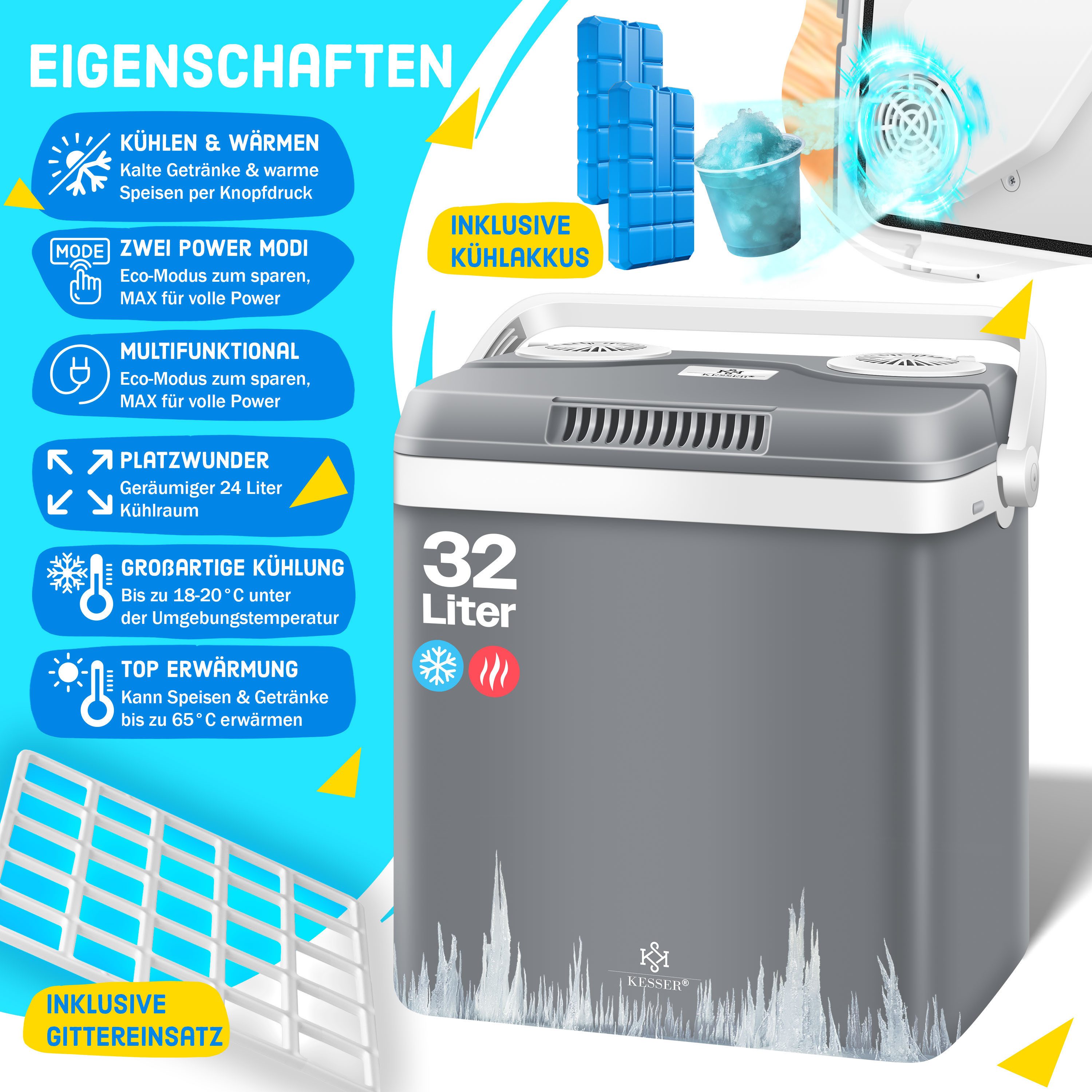 KESSER Kühlbox, 32 l, Thermoelektrische Kühlbox kühlt & wärmt 12V / 230V Mini-Kühlschrank