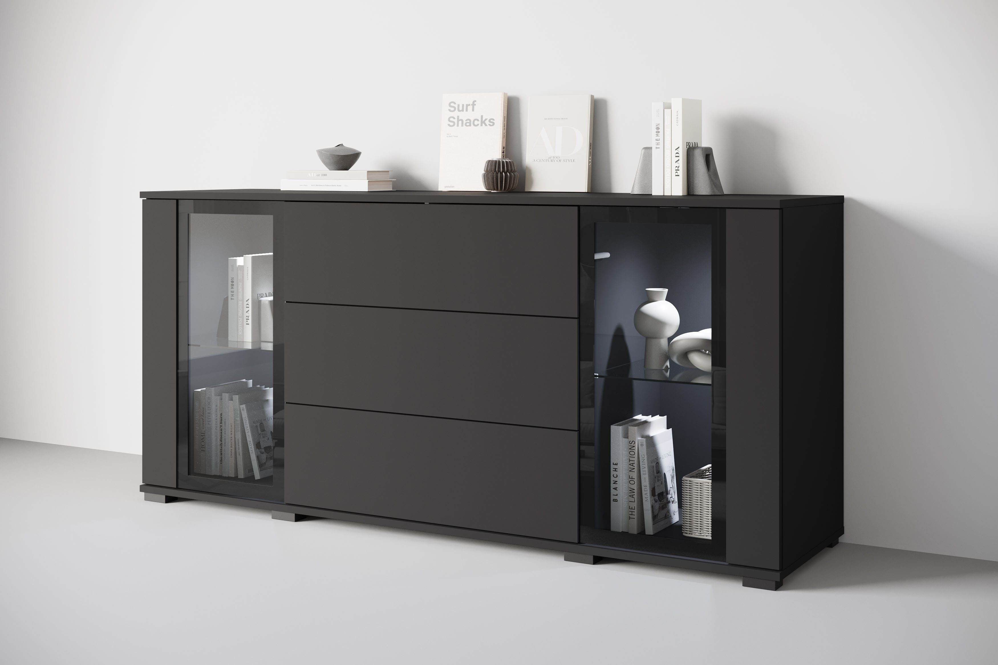 Home affaire Sideboard modernes Design mit Glaseinsätzen und 3 Schubladen, Breite 150 cm (1 St), Grifflose Fronten mit Push-to-Open, höhenverstellbare Einlegeböden