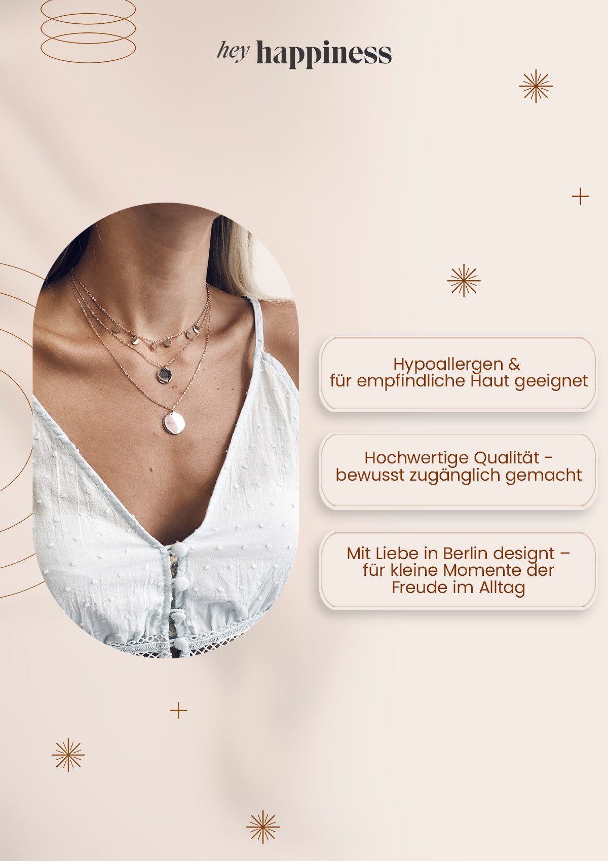 Hey Happiness Kette mit Anhänger 2er Layer Plättchen, wasserfest, Zweireihige Edelstahl Kette Damen Geo Kreis