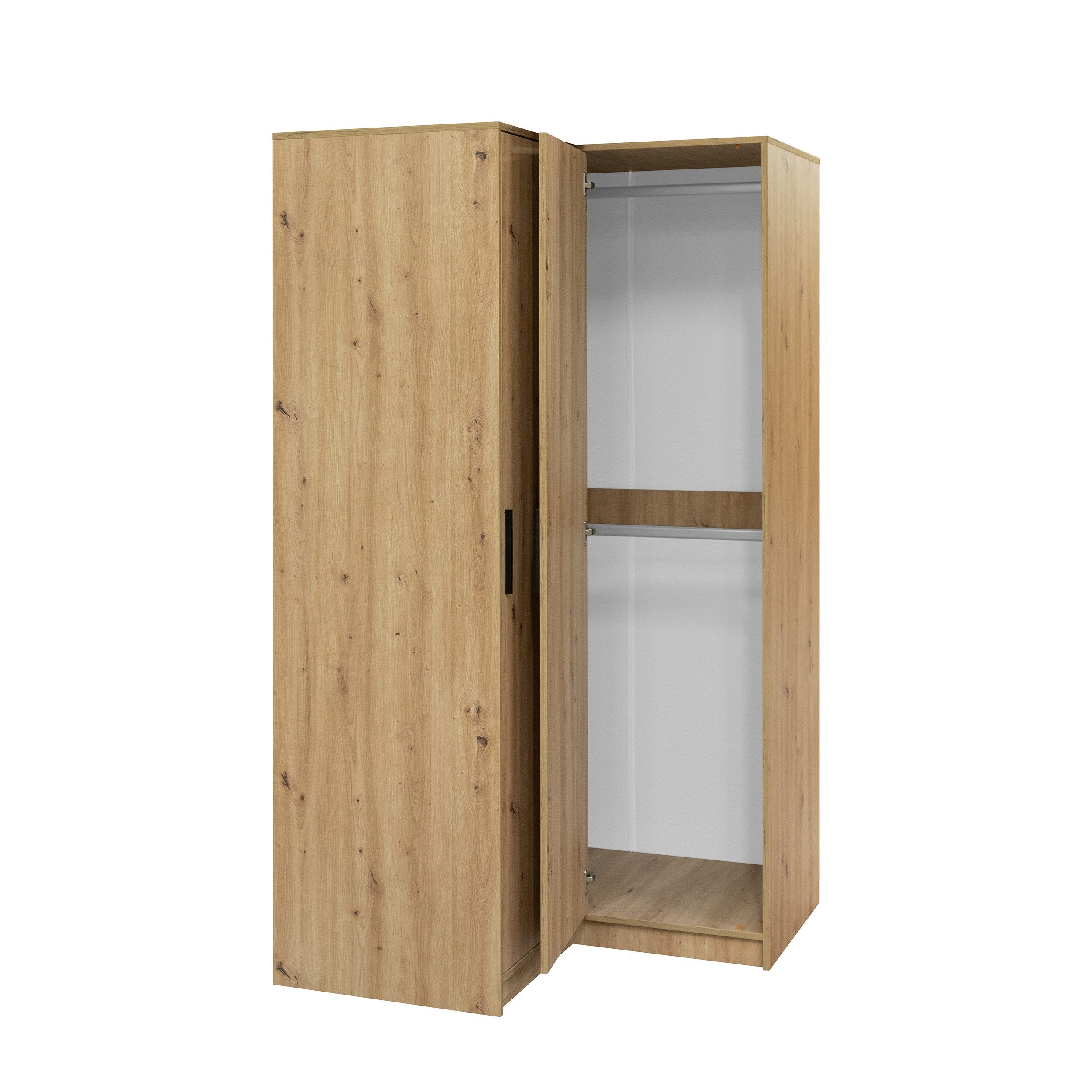 Beautysofa Eckschrank mit 2 Drehtüren, 2 Kleiderstangen und Regale KIRA (Eiche Artisan) Breite: 108 cm