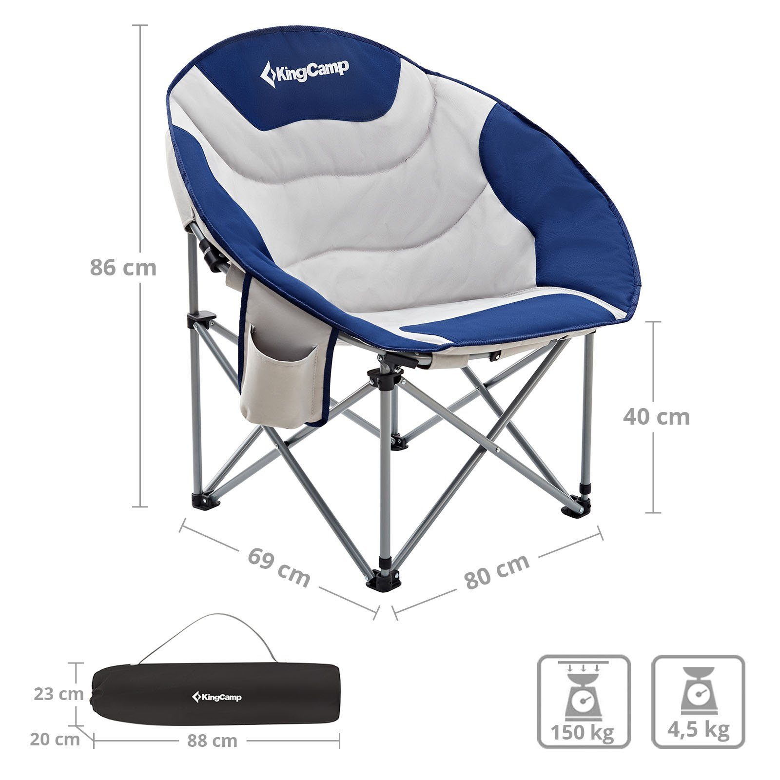 KingCamp Campingstuhl MoonChair XL Camping Sessel Blue Klapp kg Garten Falt Stuhl, 150 Royal Kühltasche
