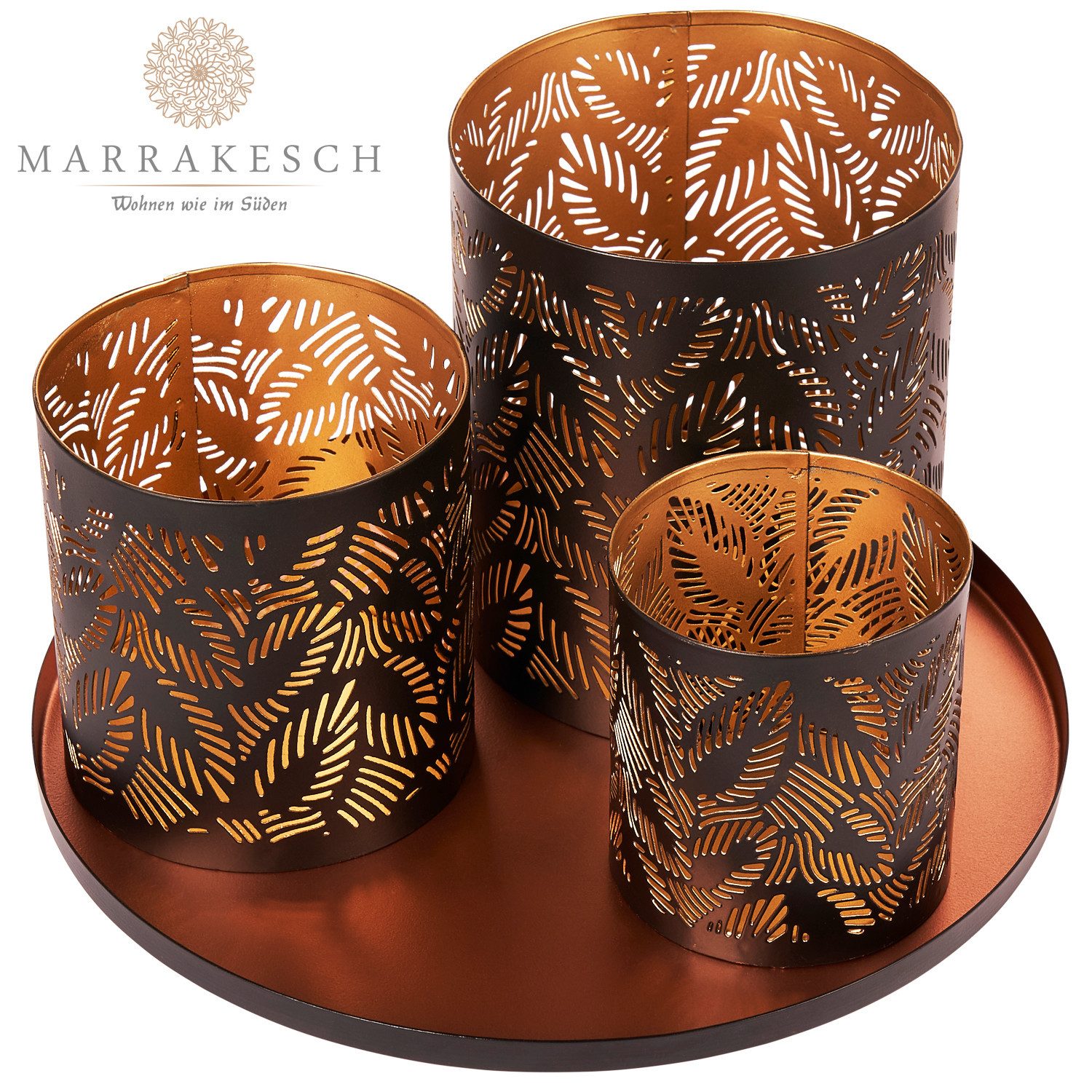 Marrakesch Orient & Mediterran Interior Teelichthalter mit Tablett Orientalisches Windlicht-Set -21- modern aus Metall in Schwarz 25 cm (1 St), Handarbeit