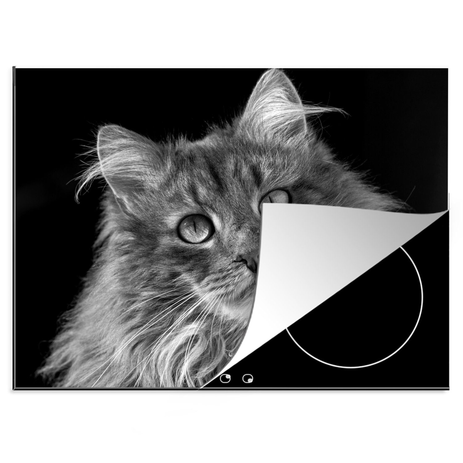 MuchoWow Herdblende-/Abdeckplatte Katze mit Augen - schwarz und weiß, Vinyl, (1 tlg), 70x52 cm, Mobile Arbeitsfläche nutzbar, Ceranfeldabdeckung