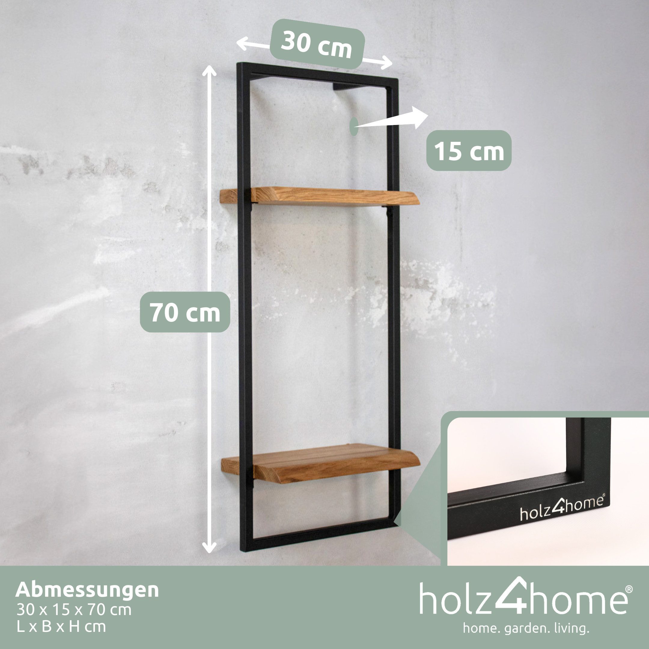 holz4home® Wandregal Natur Eiche mit Metallrahmen Schwarz I Mit Baumkante, Industrial Schweberegal