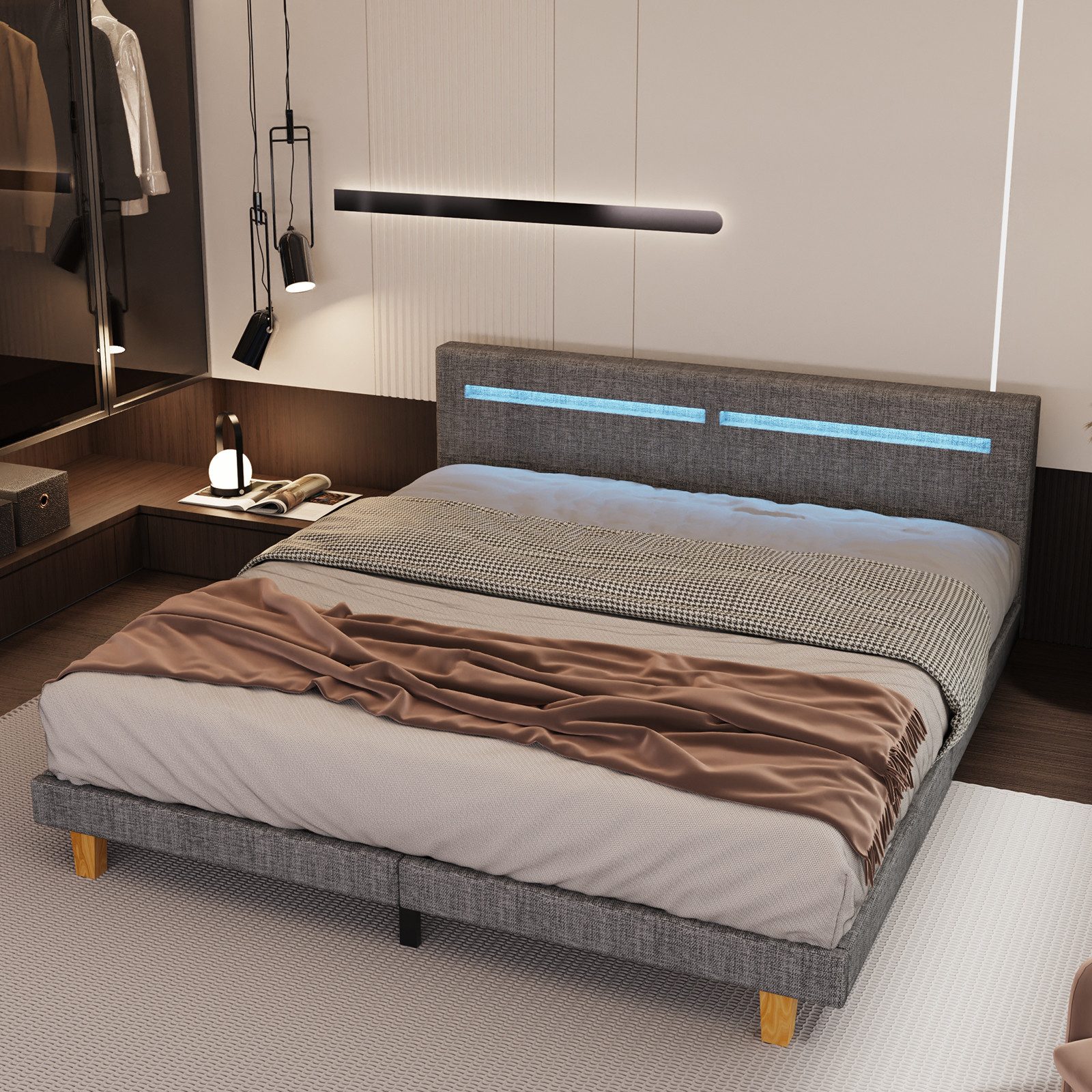 oyajia Polsterbett Doppelbett mit Lattenrost, LED-Beleuchtung und Fernbedie günstig online kaufen