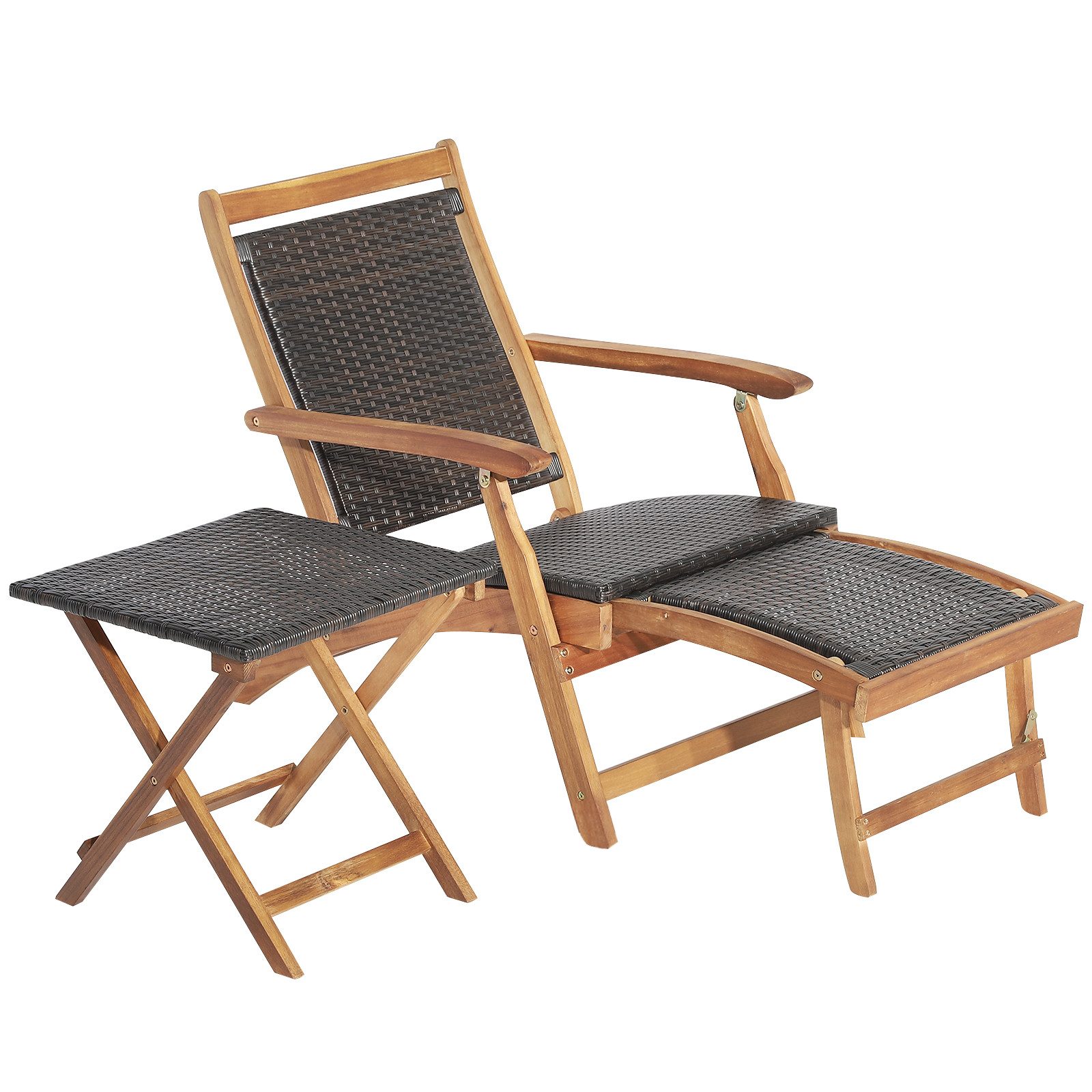 COSTWAY Gartenliege, klappbar, rattan mit Tisch&Fußstütze, 5-fach verstellbar