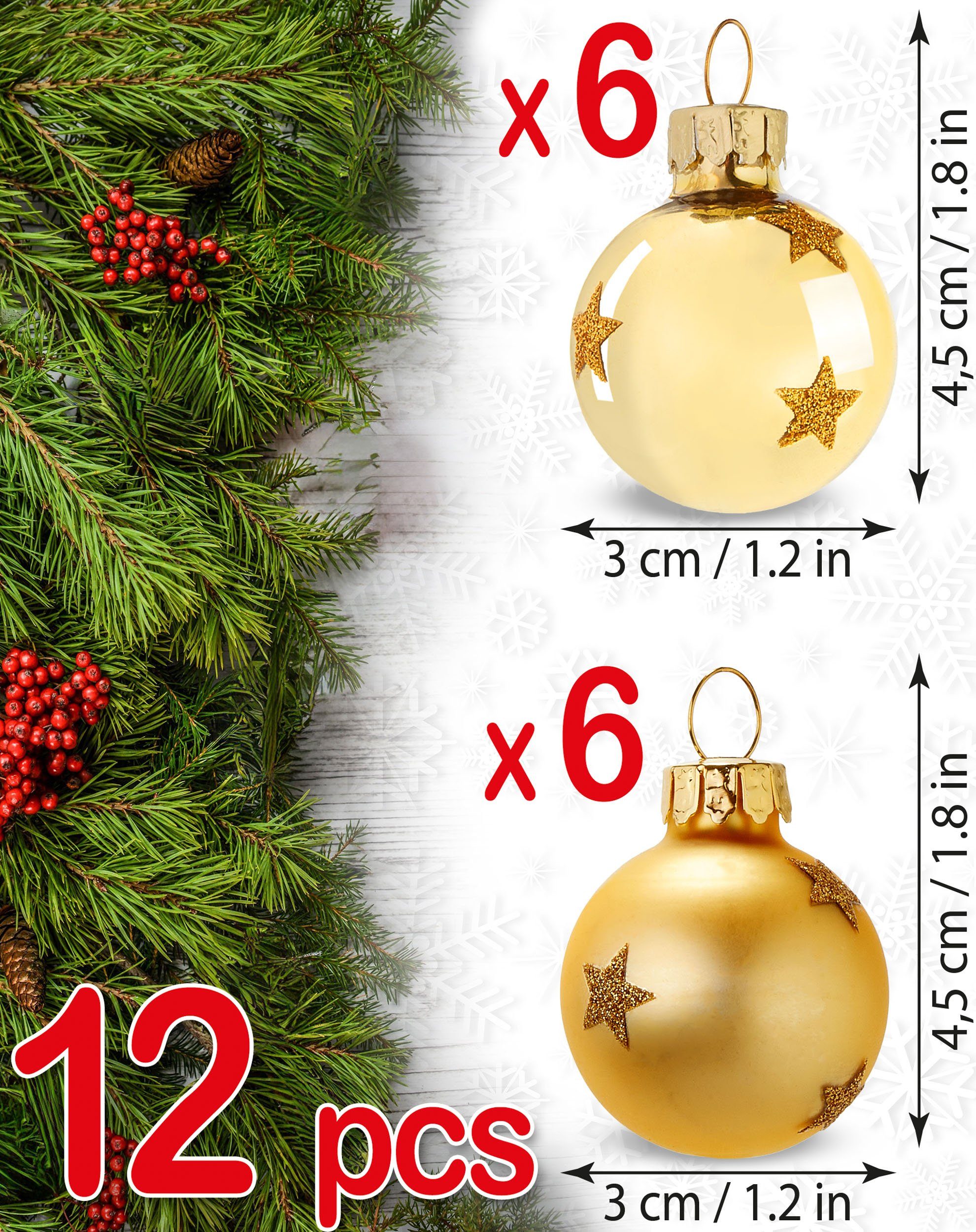 - BRUBAKER (12 Gold St), Set für Sternen cm Kugeln 3 Weihnachtsdeko - Glitzer Handbemalter Weihnachtsbaum mit Weihnachtskugeln Mini Baumschmuck Weihnachtsbaumkugel und Baumkugel