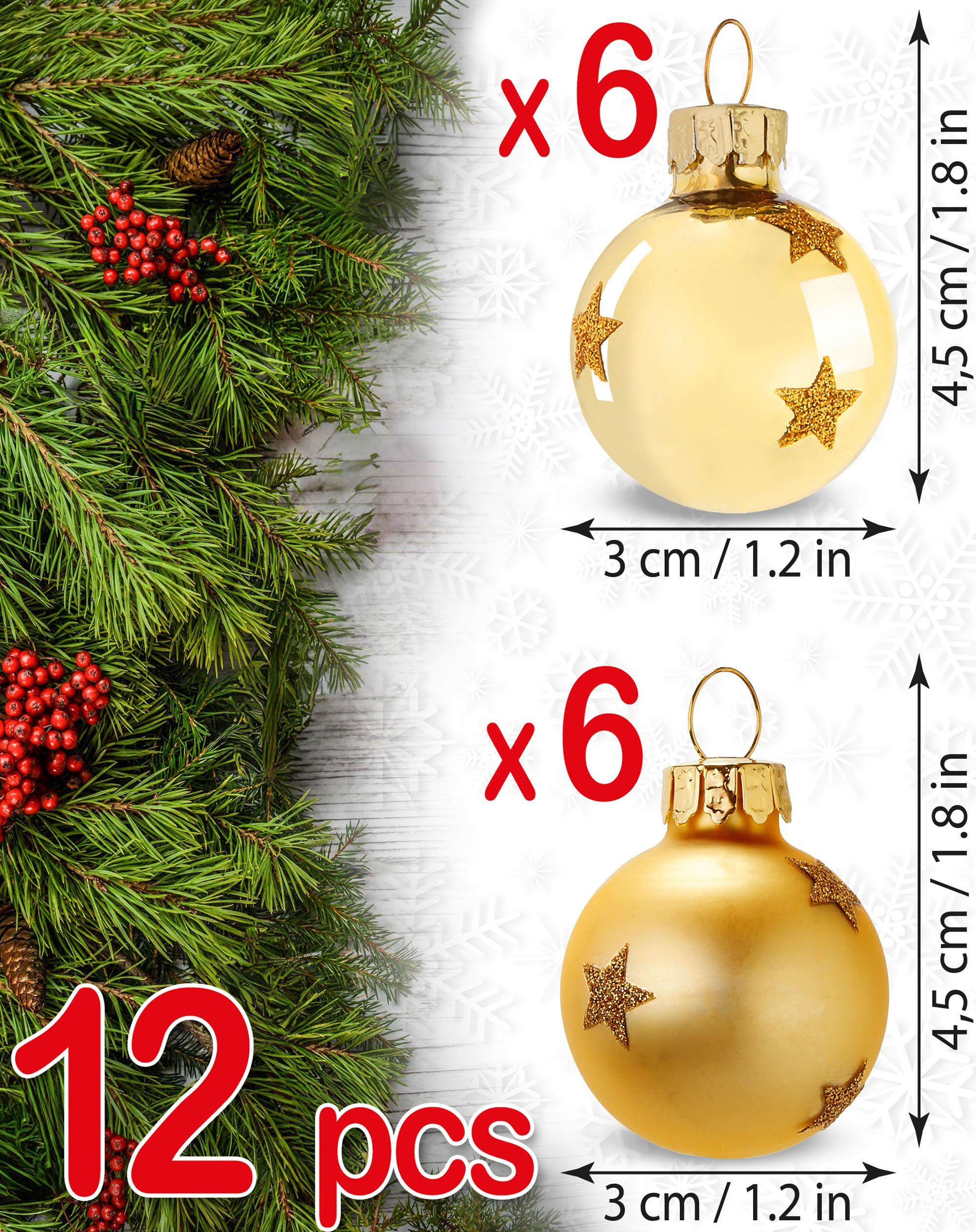 BRUBAKER Weihnachtsbaumkugel Weihnachtskugeln - 3 cm Baumkugel Set - Handbemalter Baumschmuck (12 St), Mini Kugeln mit Glitzer Sternen für Weihnachtsbaum und Weihnachtsdeko