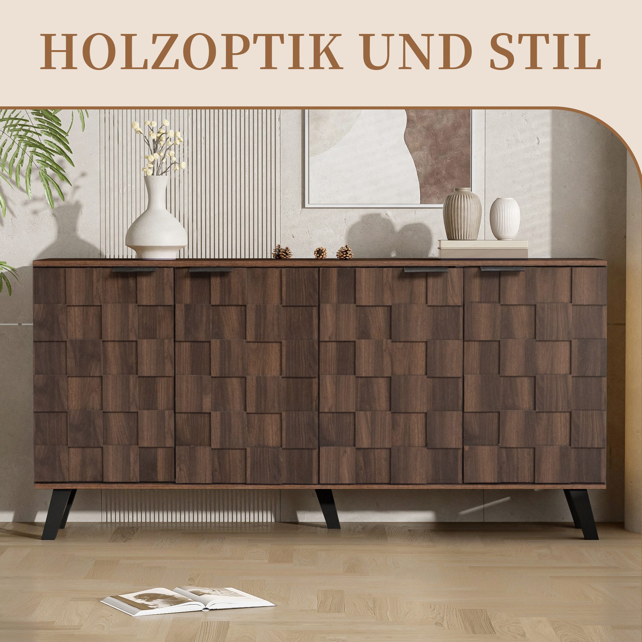 SeedWave Sideboard Karierter Schrank Atmungsaktive Kommode von Holzmaserung mit 4 Türen, 2 Rückseitige Löcher zur Wandbefestigung, verstellbare Einlegeboden