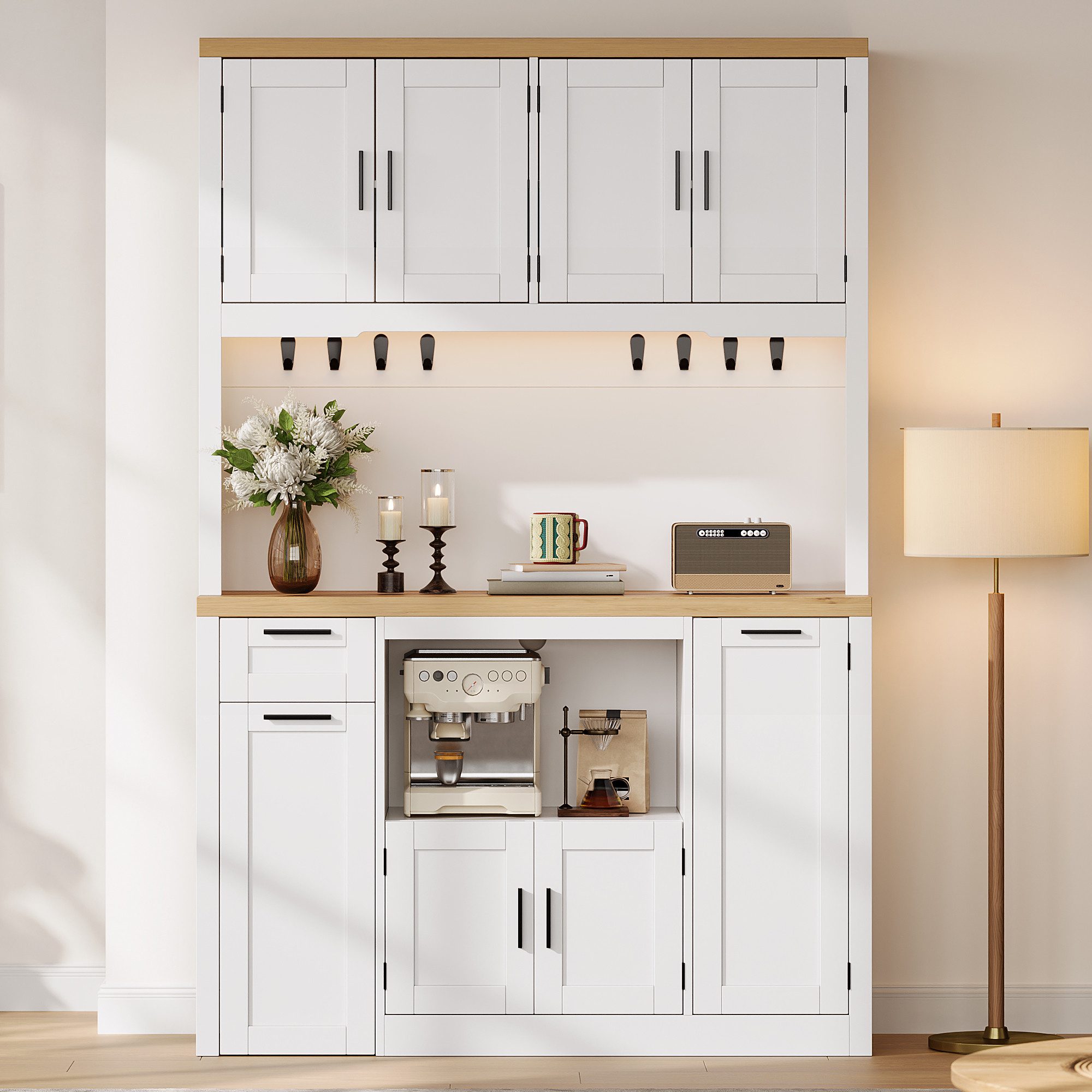 Flieks Küchenbuffet Hochschrank mit Arbeitsplatte Natur, LED-Beleuchtung, Steckdosen (120x40x182 cm, 1-St., Mehrzweckschrank mit verstellbarer Einlegeböden, Lad – Bild 5 von 5