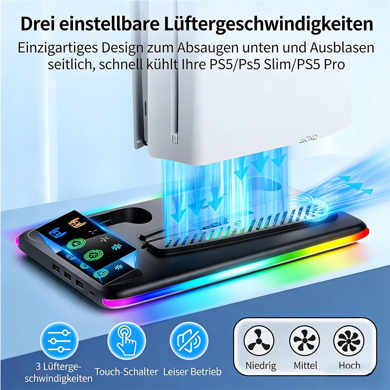 BBG PS5 Kühlständer für PS5 / PS5 Slim / PS5 Pro Ladestation (2800 mA, mit Headset-Halter & USB-Hub, Geräuscharm Lüfter, für PS5, PS5 Slim und PS5 Pro (Digital  – Bild 5 von 5