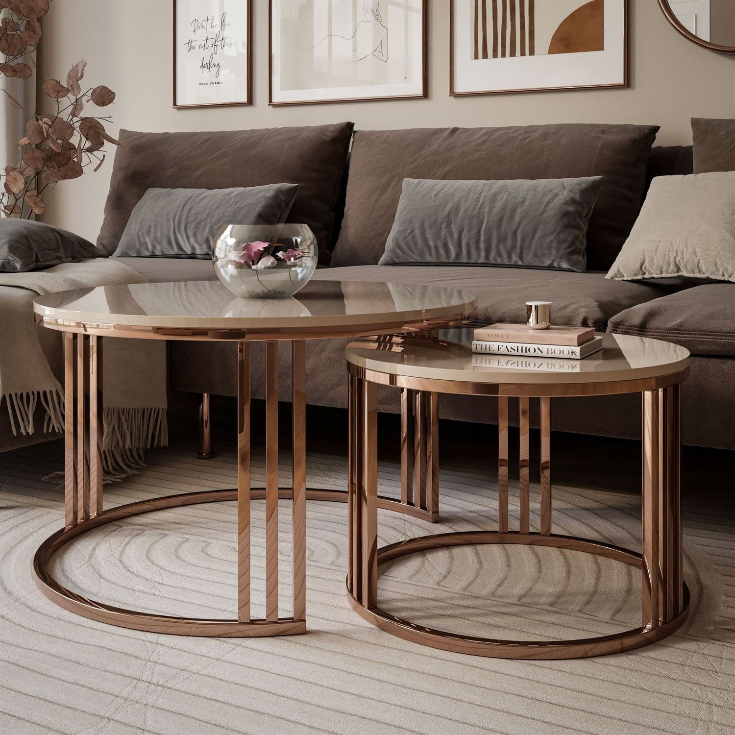 Lookway Couchtisch LORI 2in1 Couchtisch-Set in Hochglanz mit Kupfergestell (2er Set), Durchmesser: ⌀70 cm und ⌀50 cm