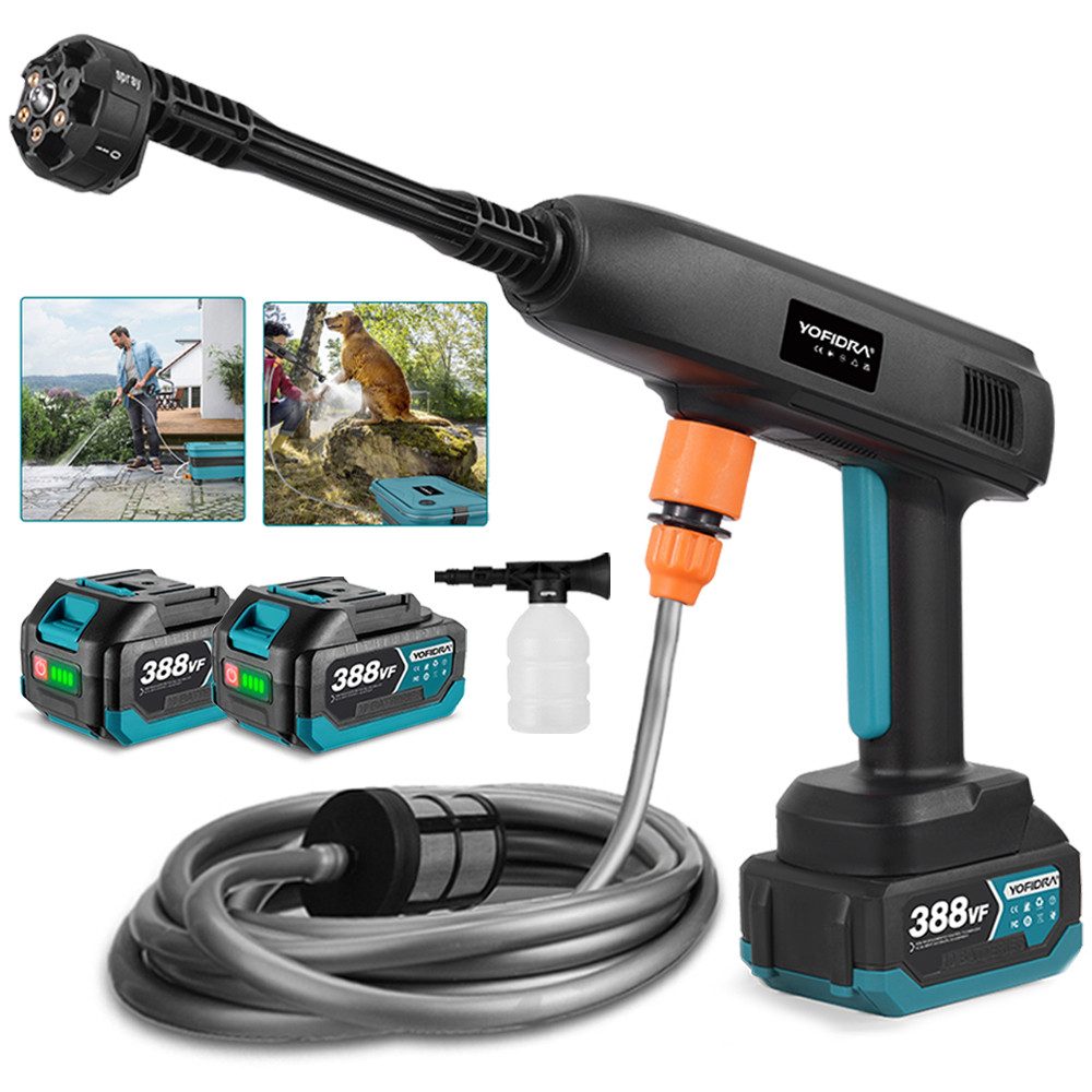 Yofidra Akku-Hochdruckreiniger 45 Bar Mobiler Минимойки mit 2 x Akkus, 6-in-1 Düse, Druck max: 40 bar, 400 W, 336l/h Druckreiniger für Autos, Terrasse, Fenste, Garten