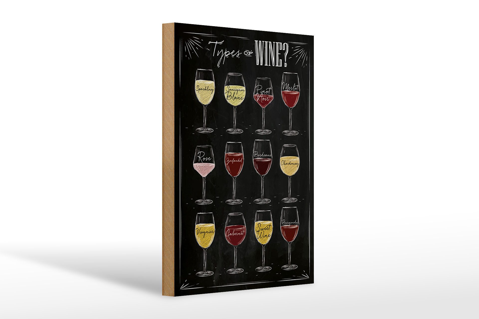 Femer GmbH Holzbild Wein 20x30cm Types of wine Merlot Rose Alkohol, Essen Trinken Genuss (1 St), Glatte Holzfaserplatte (MDF), vorn beschichtet