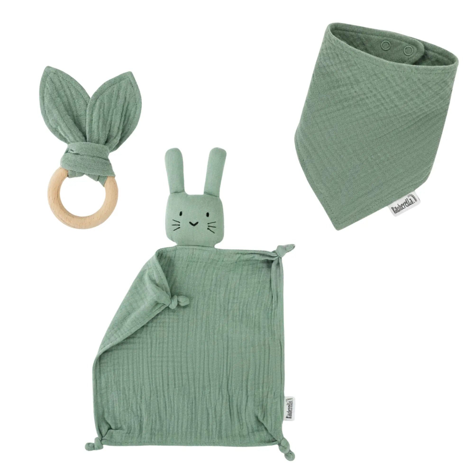 Räuberella Neugeborenen-Geschenkset Baby Geschenkset Mint – Schmusetuch Hase, Beißring & Halstuch (Set) Fertige Geschenkverpackung inklusive