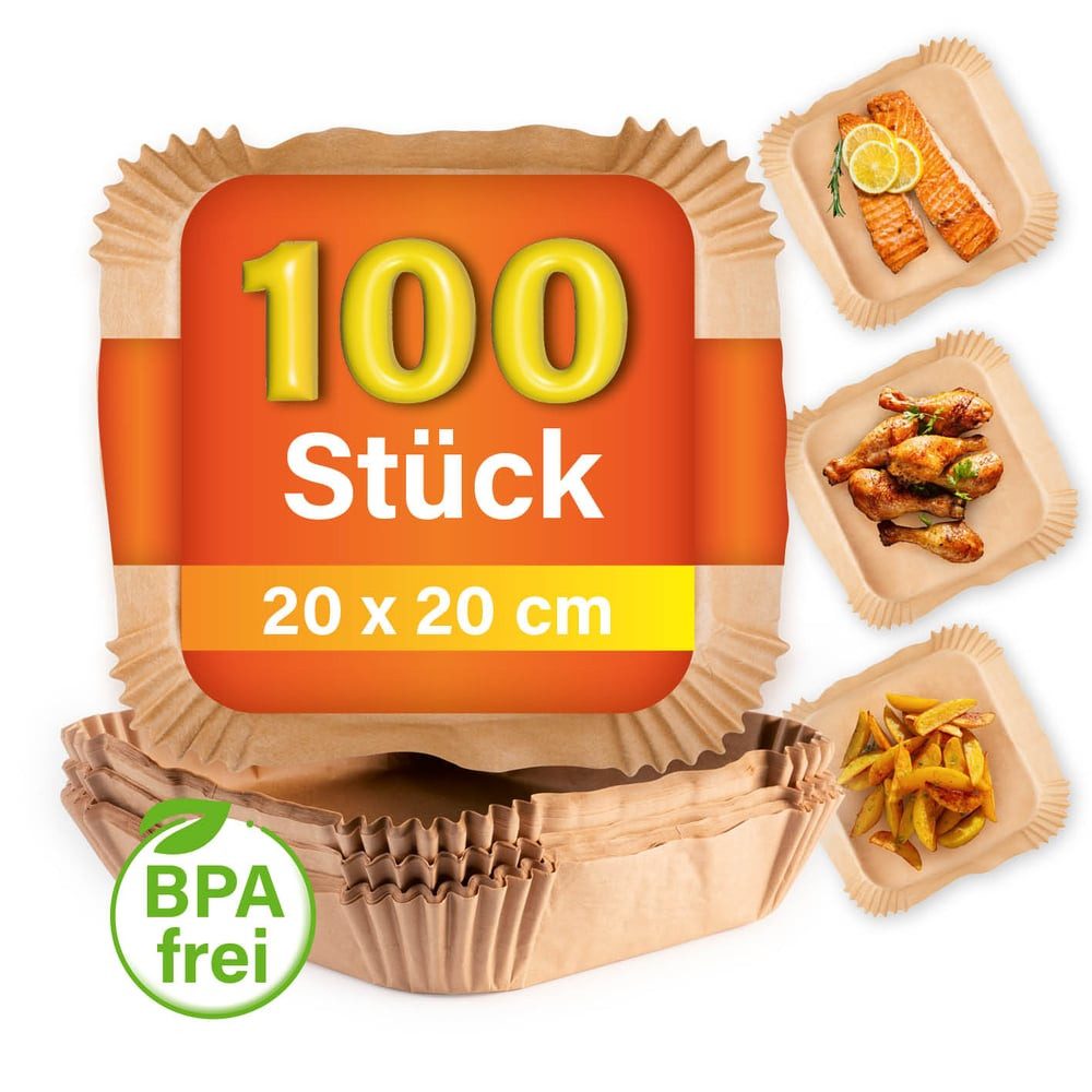 GOURMETmaxx Backpapier Schalen für Heißluft Fritteusen 100 Stk, Antihaft Beschichtung, Öl-, Wasser- und Hitzebeständig
