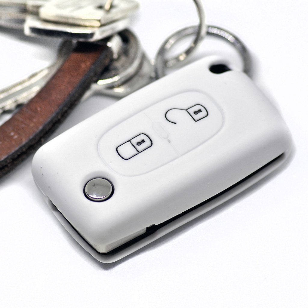 mt-key Schlüsseltasche Autoschlüssel Softcase Tasten Citroen Berlingo Silikon Weiß, Peugeot 307 C2 2 207 308 Schutzhülle C3 für Klappschlüssel